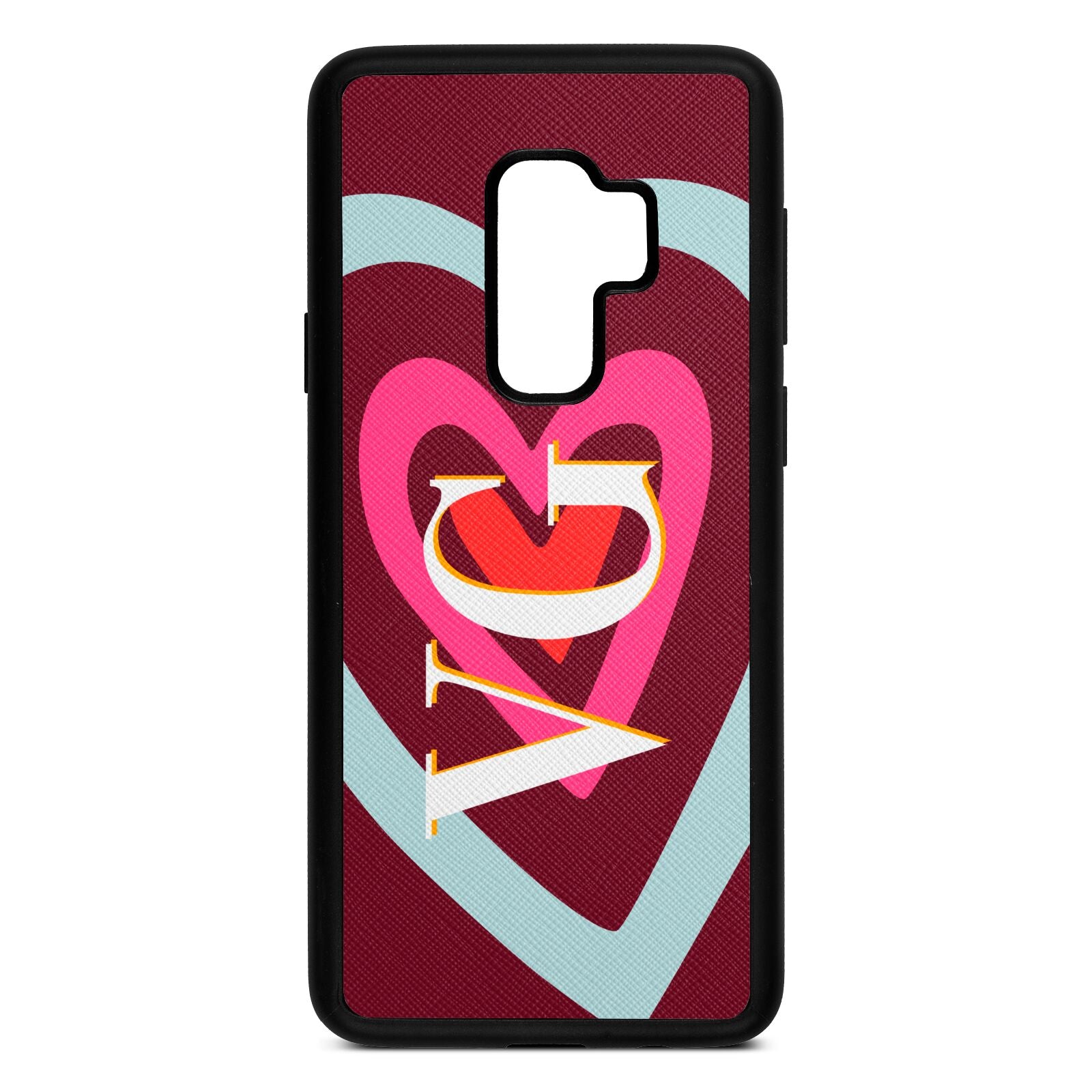 Personalised Initials Heart Wine Red Saffiano Leather Samsung S9 Plus Case