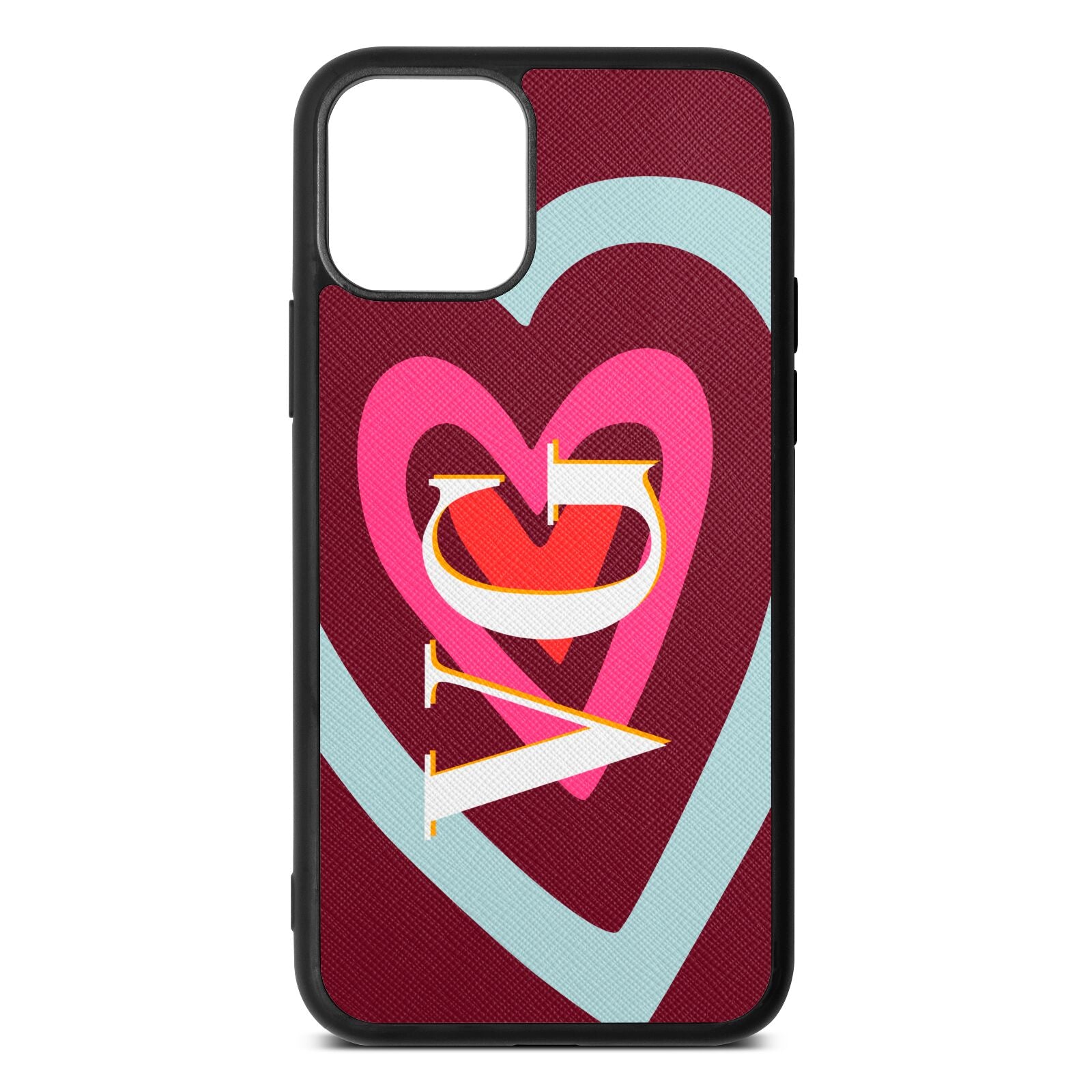 Personalised Initials Heart Wine Red Saffiano Leather iPhone 11 Case