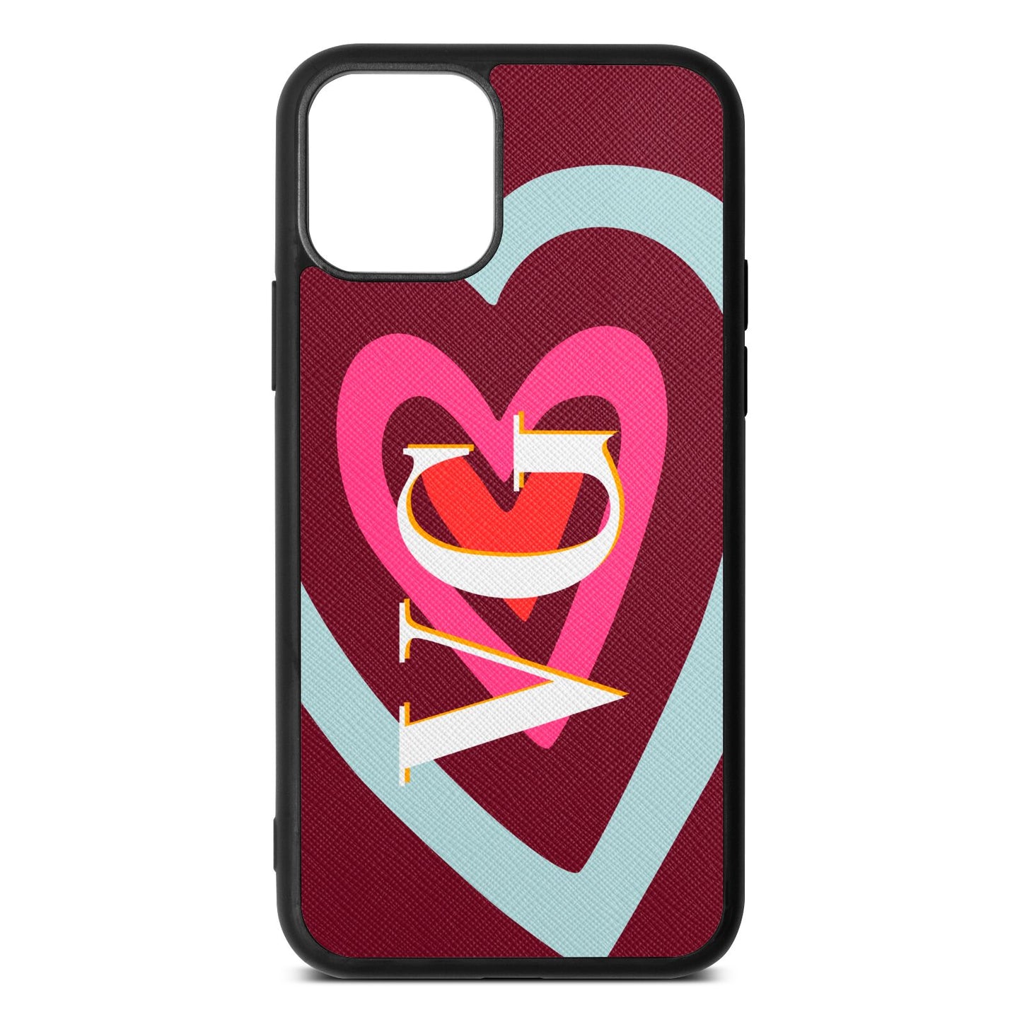 Personalised Initials Heart Wine Red Saffiano Leather iPhone 11 Pro Case