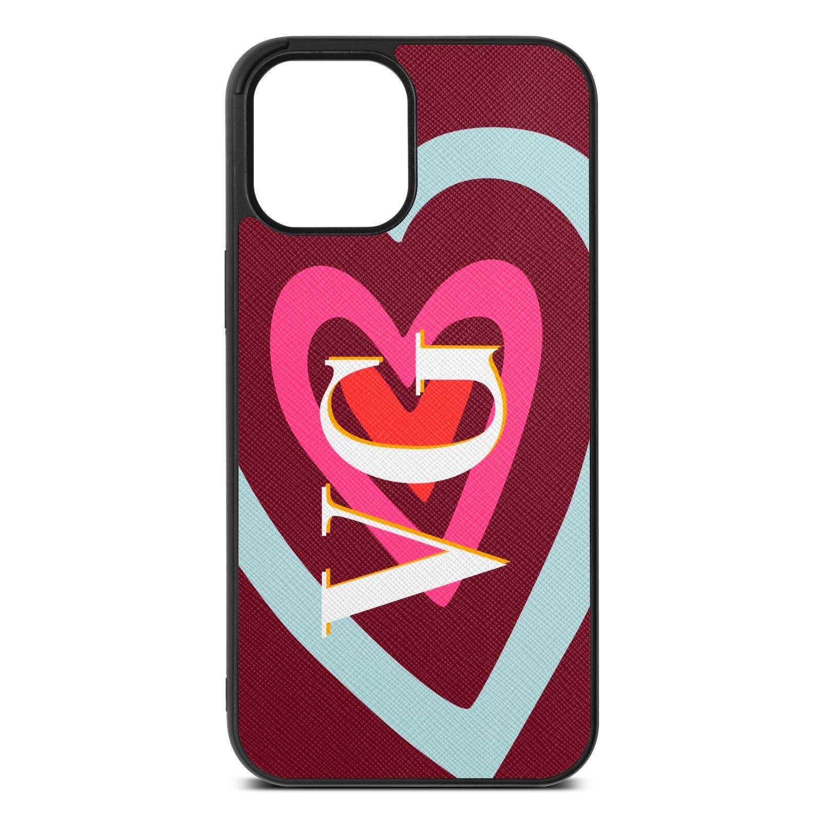 Personalised Initials Heart Wine Red Saffiano Leather iPhone 12 Pro Max Case