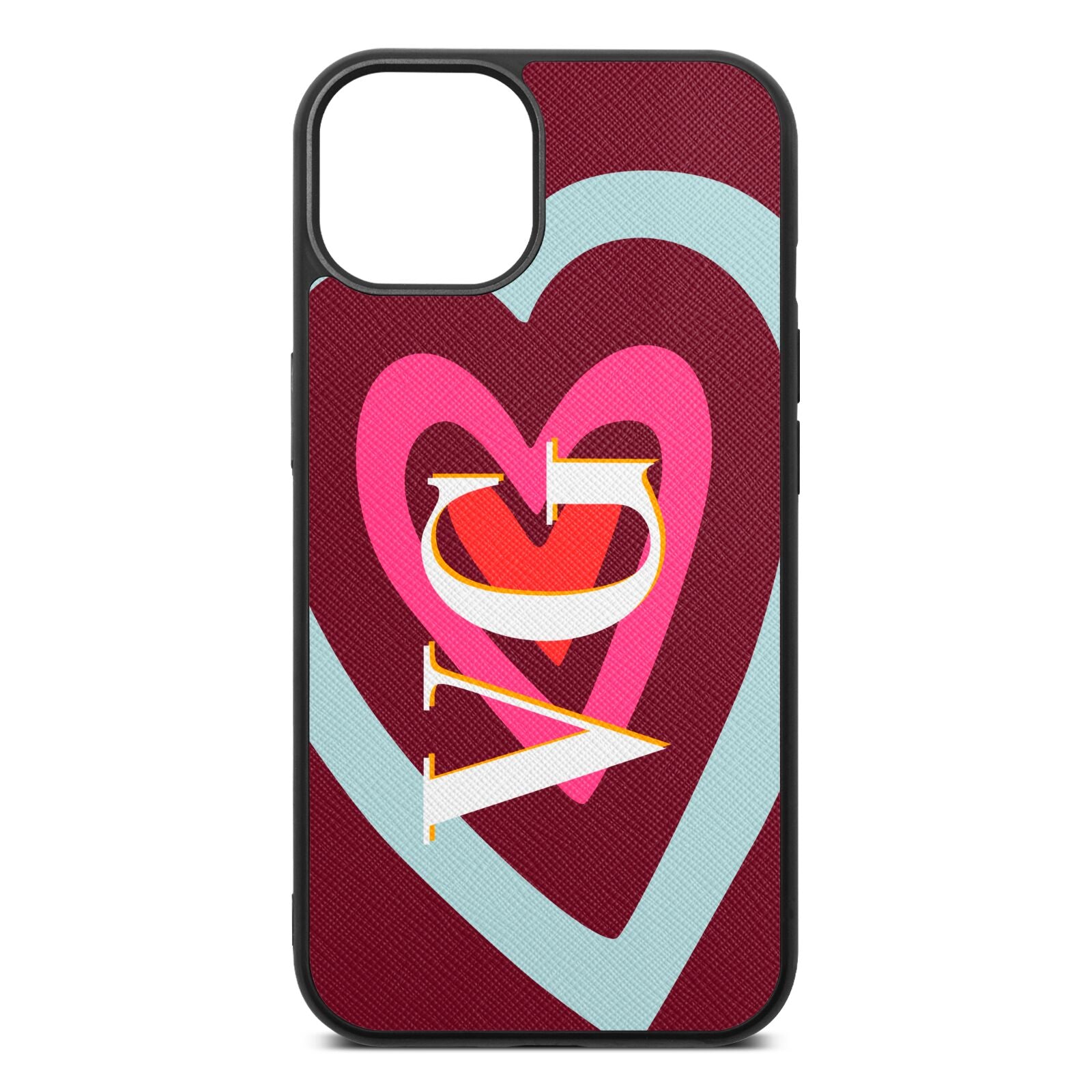 Personalised Initials Heart Wine Red Saffiano Leather iPhone 13 Case