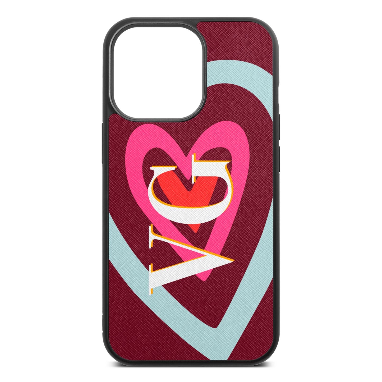 Personalised Initials Heart Wine Red Saffiano Leather iPhone 13 Pro Case