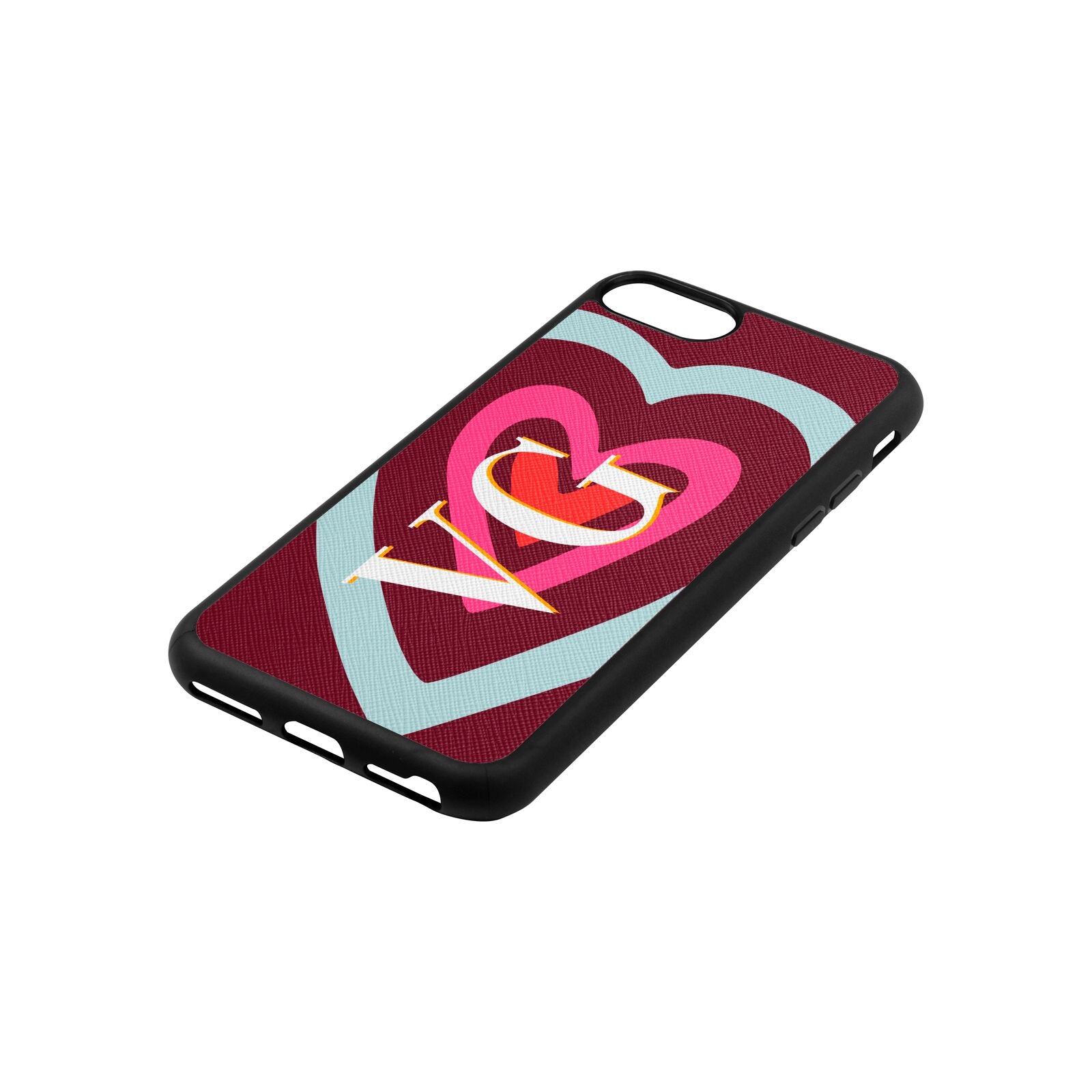Personalised Initials Heart Wine Red Saffiano Leather iPhone 8 Case Side Angle