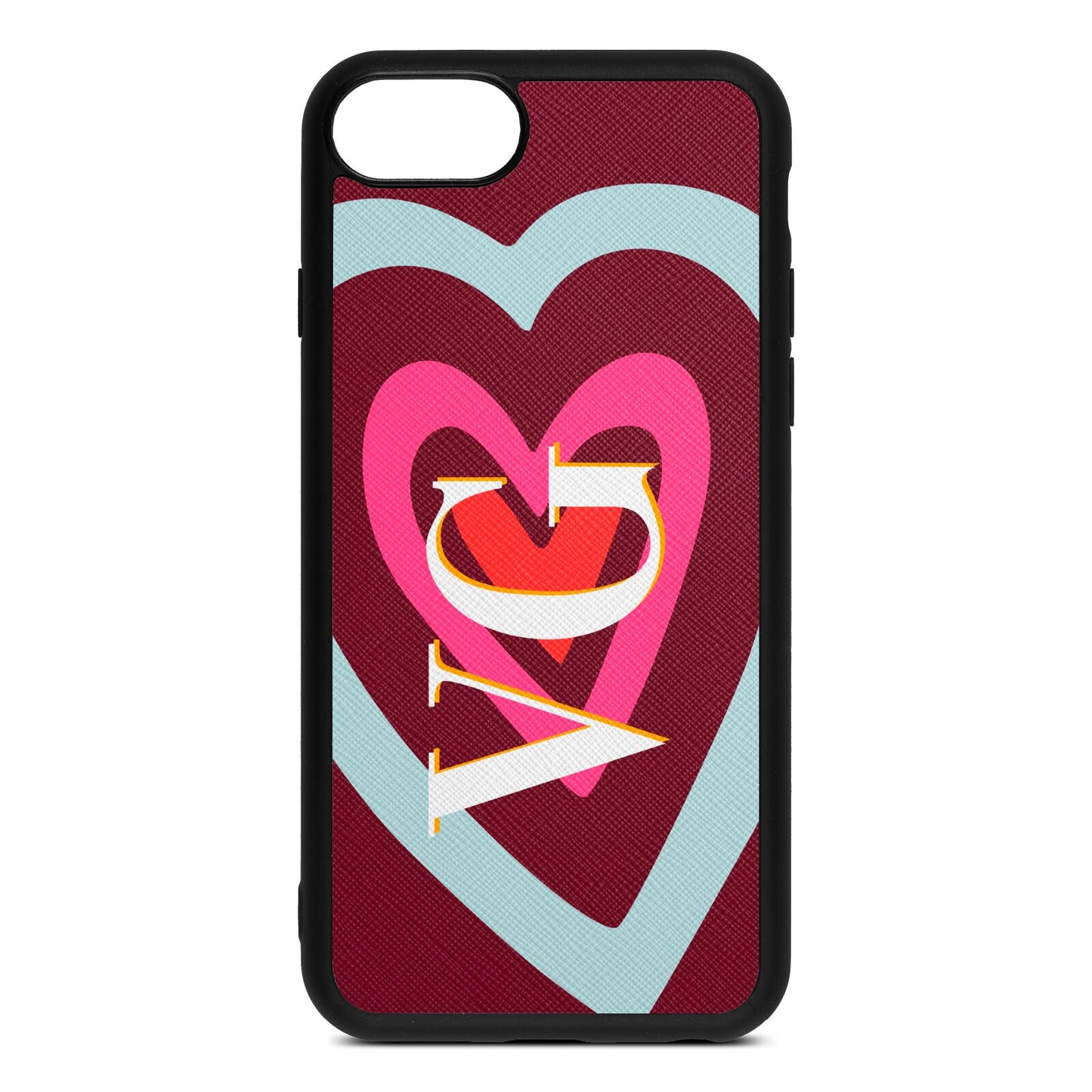 Personalised Initials Heart Wine Red Saffiano Leather iPhone 8 Case