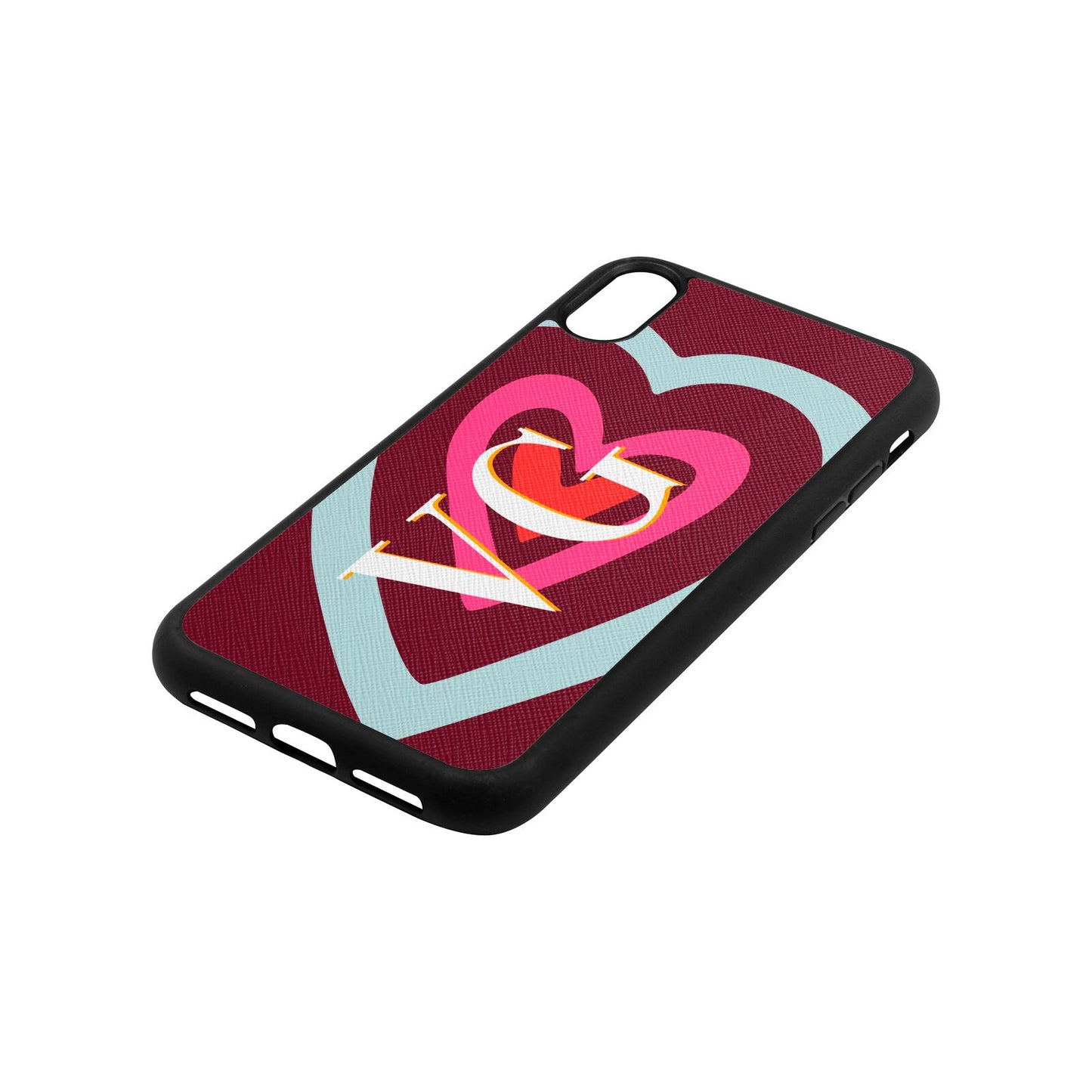 Personalised Initials Heart Wine Red Saffiano Leather iPhone Xr Case Side Angle