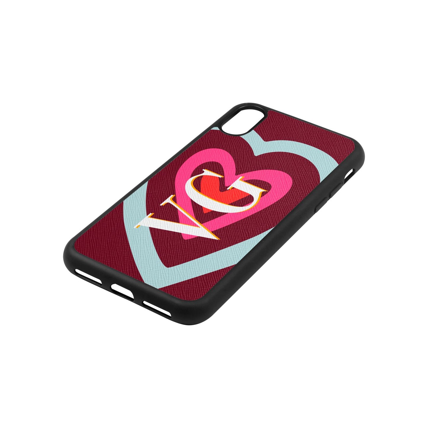 Personalised Initials Heart Wine Red Saffiano Leather iPhone Xs Case Side Angle