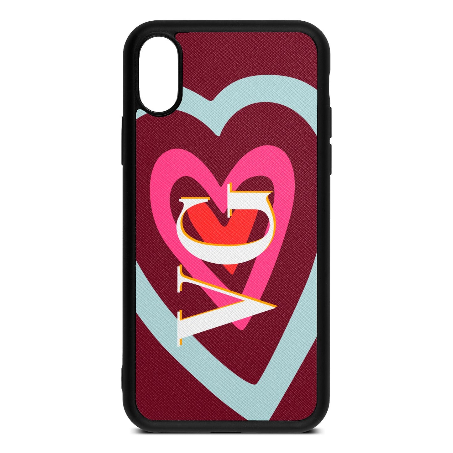Personalised Initials Heart Wine Red Saffiano Leather iPhone Xs Case