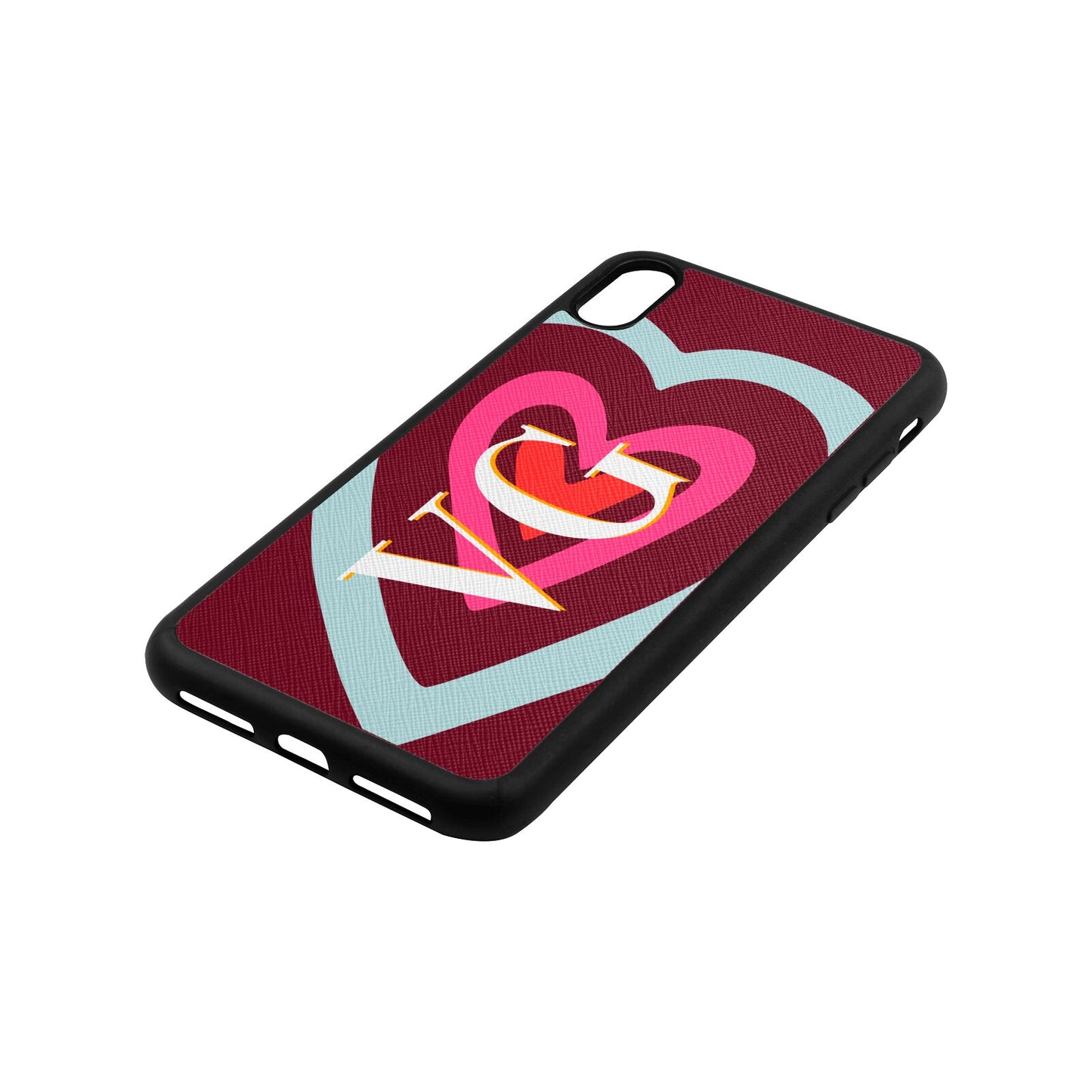 Personalised Initials Heart Wine Red Saffiano Leather iPhone Xs Max Case Side Angle