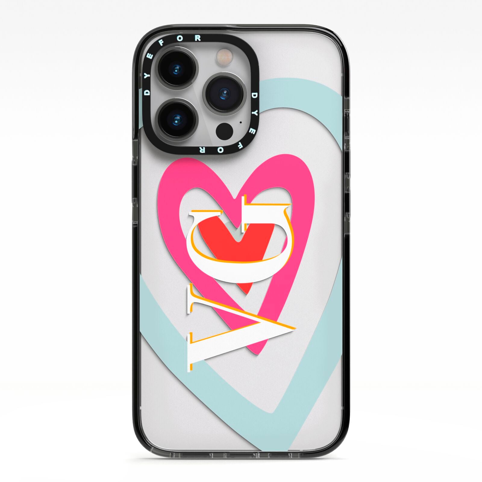 Personalised Initials Heart iPhone 13 Pro Black Impact Case on Silver phone