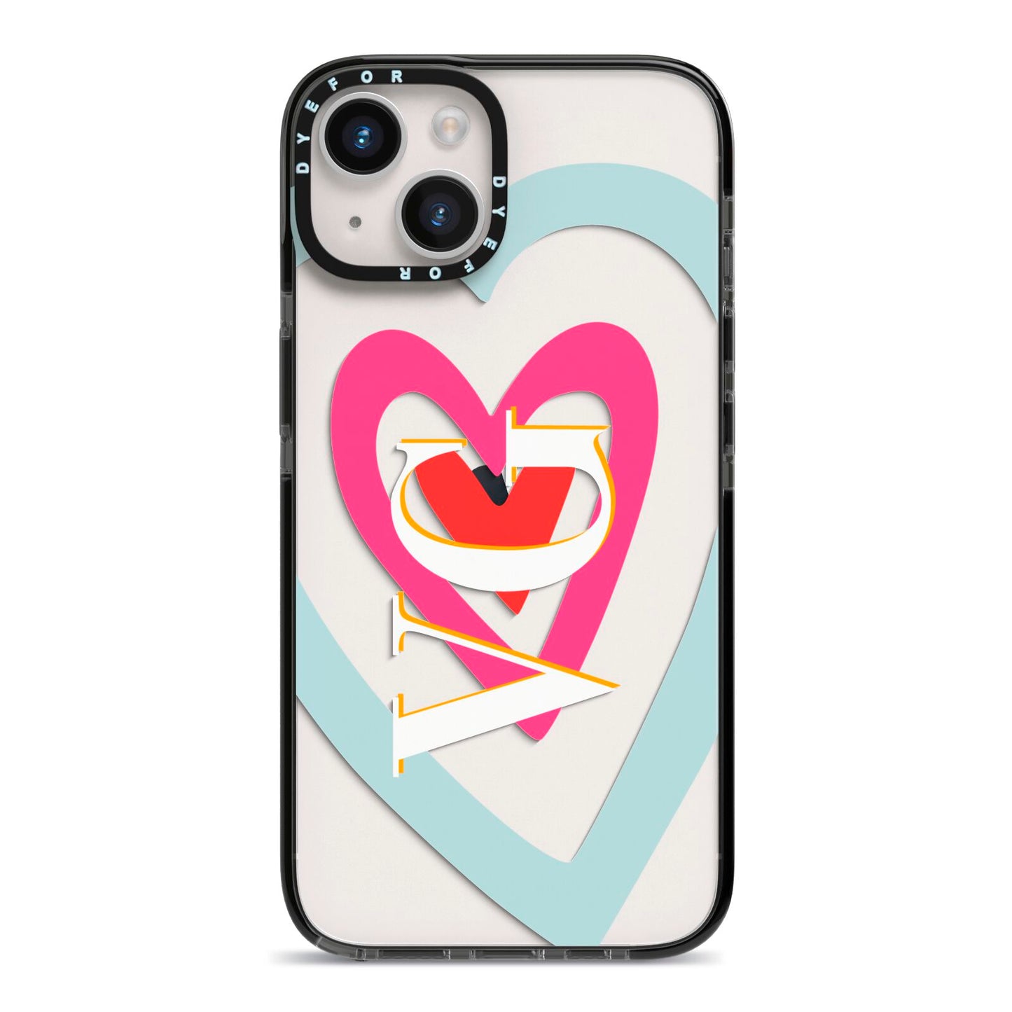 Personalised Initials Heart iPhone 14 Black Impact Case on Silver phone