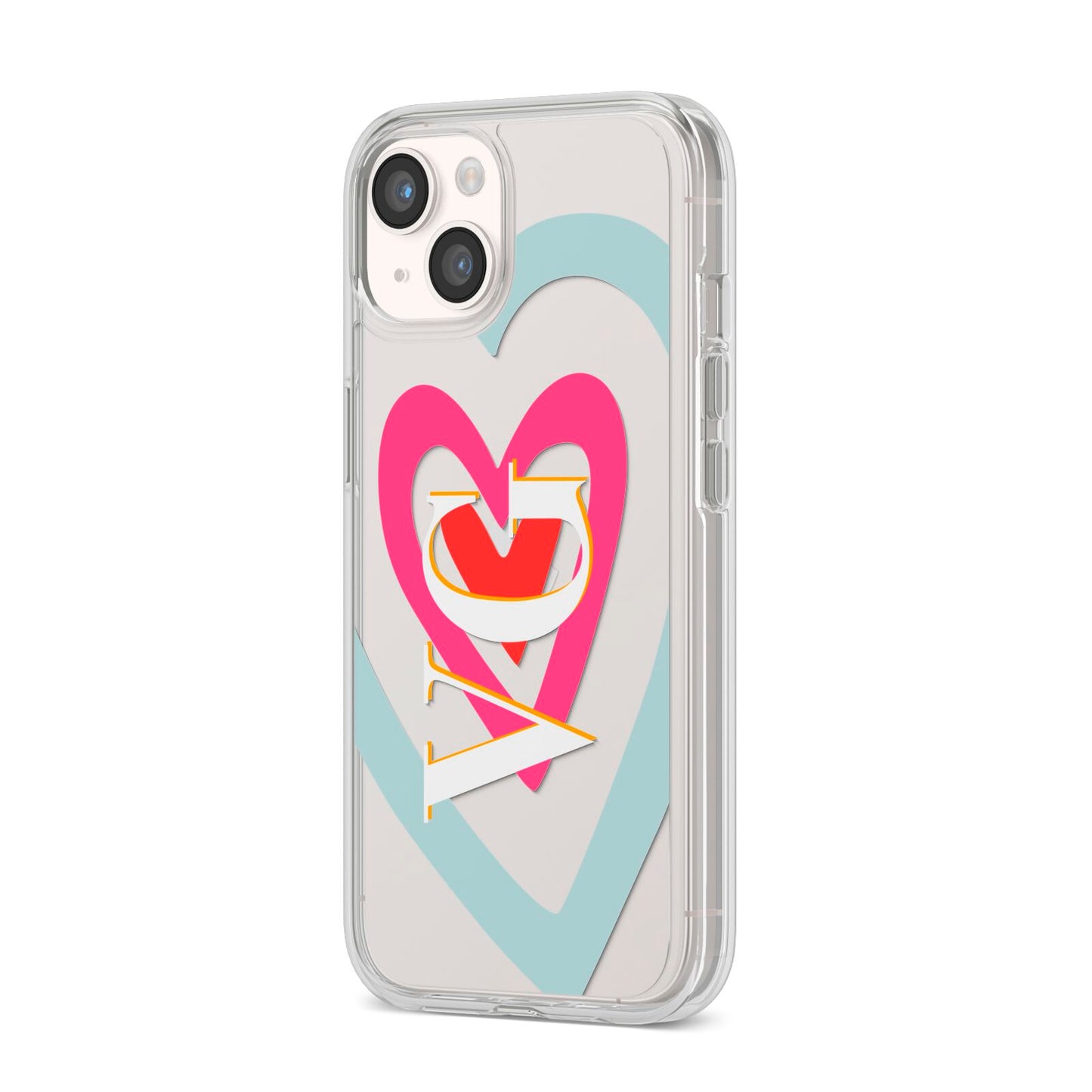 Personalised Initials Heart iPhone 14 Clear Tough Case Starlight Angled Image