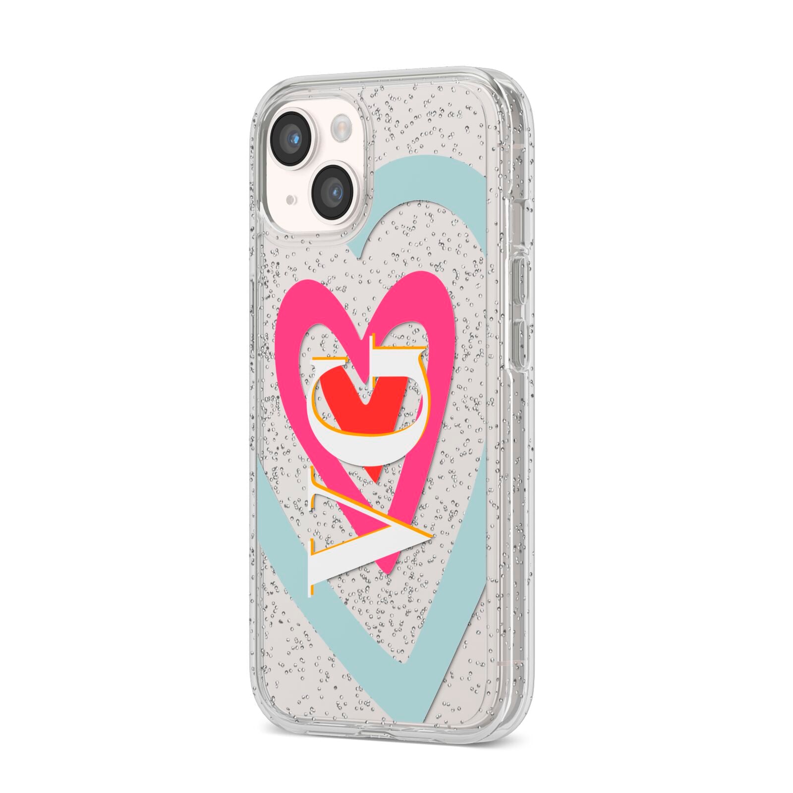 Personalised Initials Heart iPhone 14 Glitter Tough Case Starlight Angled Image