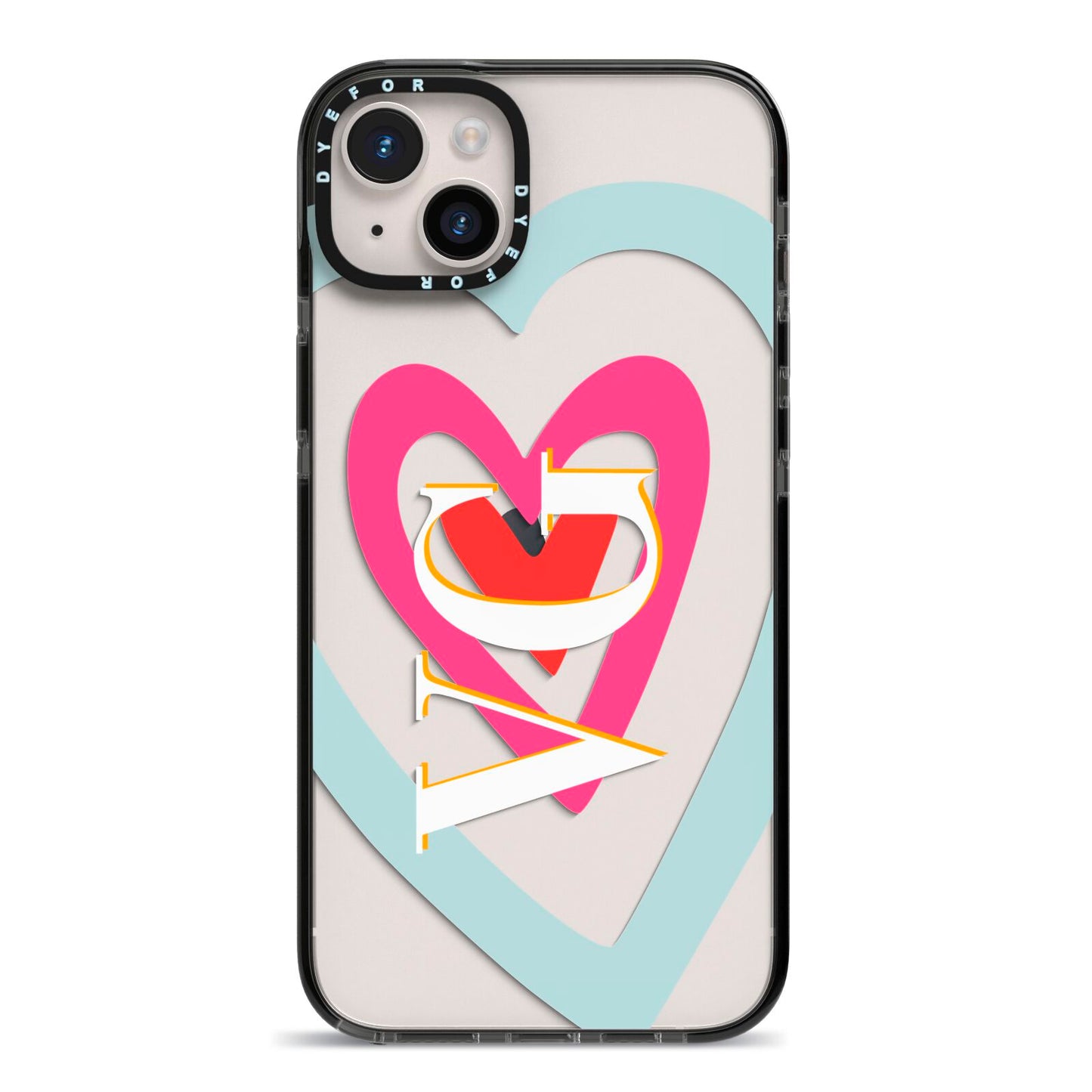 Personalised Initials Heart iPhone 14 Plus Black Impact Case on Silver phone