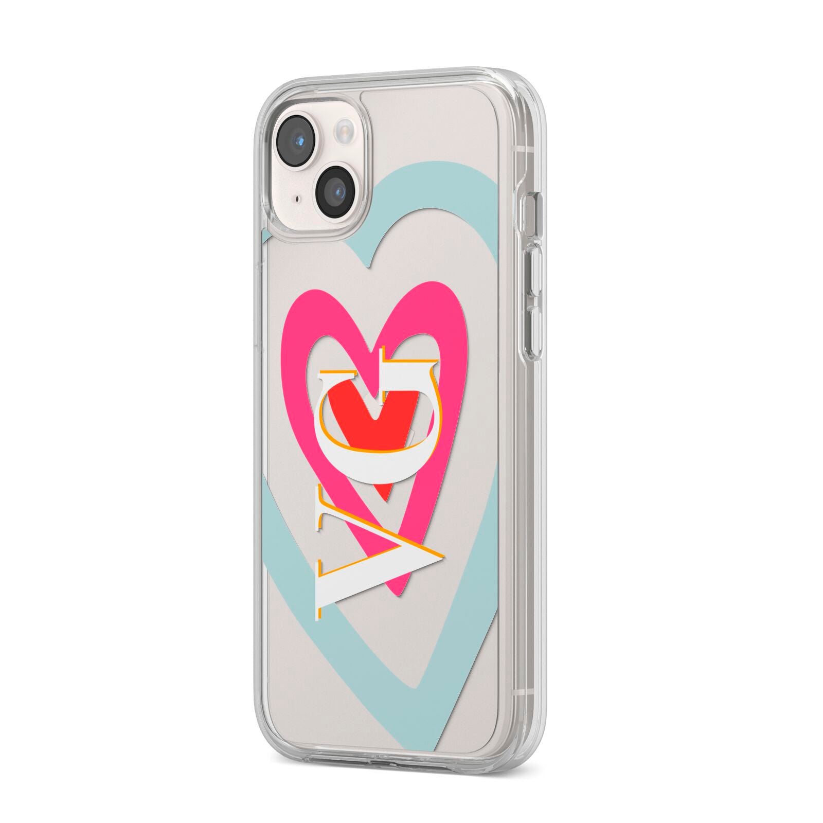 Personalised Initials Heart iPhone 14 Plus Clear Tough Case Starlight Angled Image