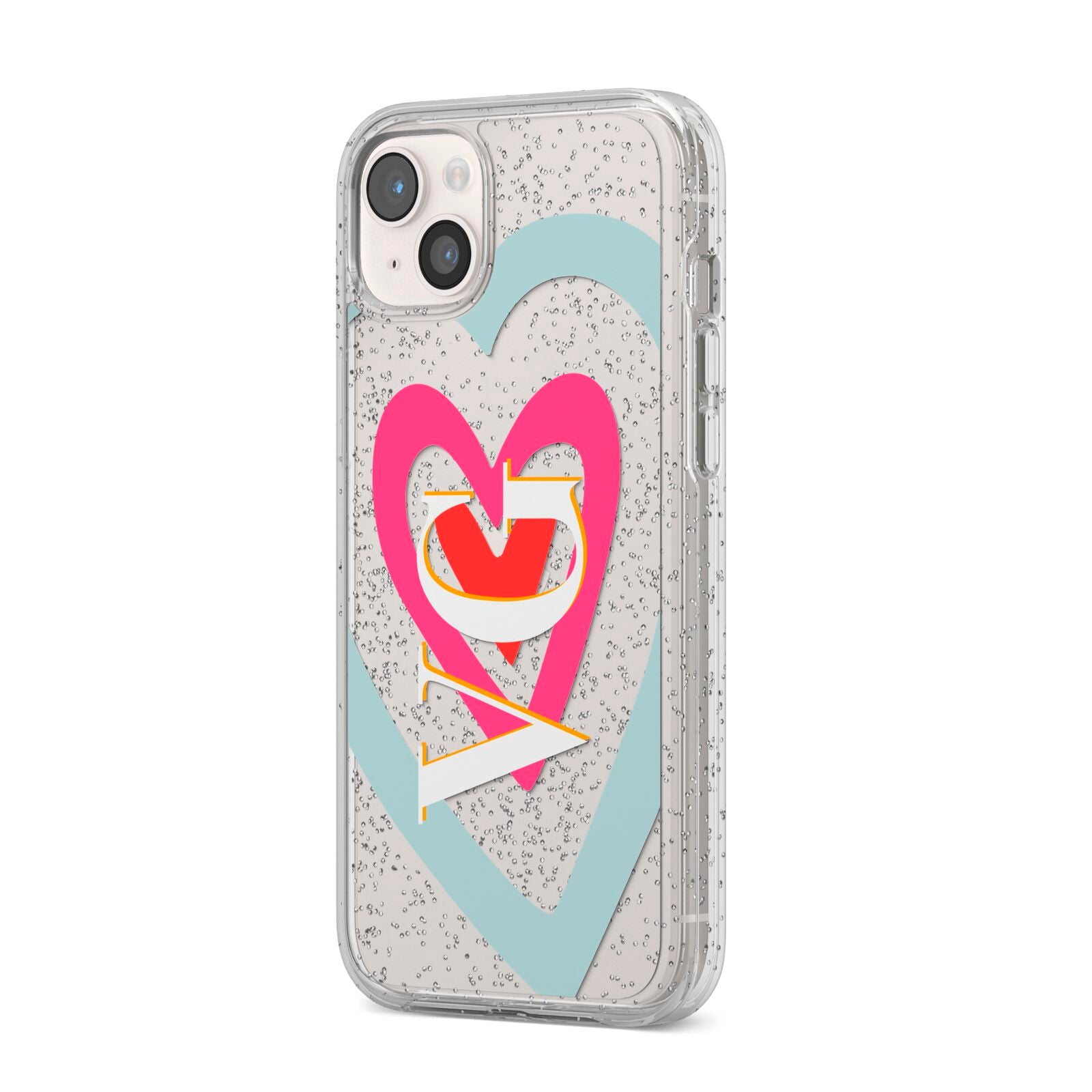 Personalised Initials Heart iPhone 14 Plus Glitter Tough Case Starlight Angled Image