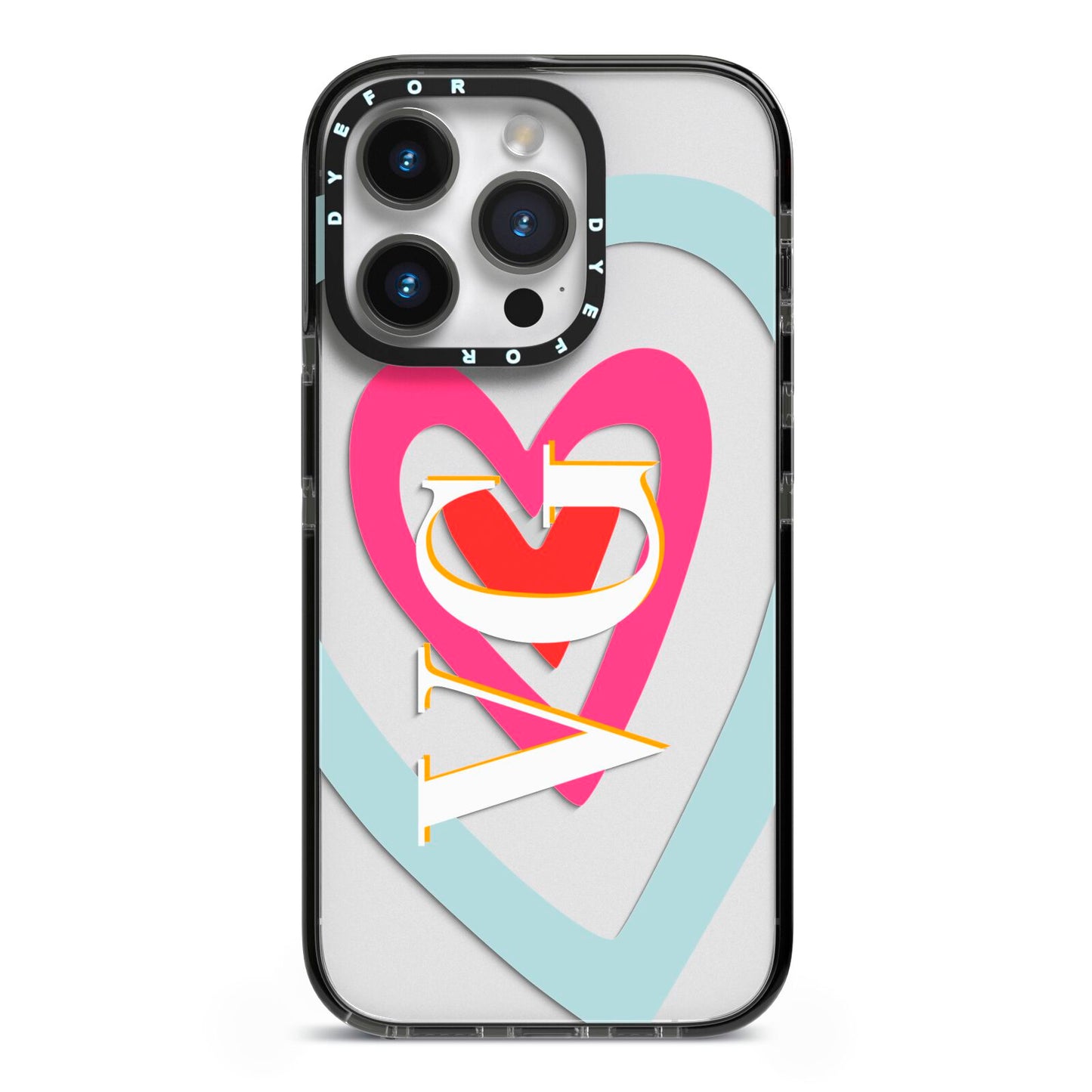 Personalised Initials Heart iPhone 14 Pro Black Impact Case on Silver phone