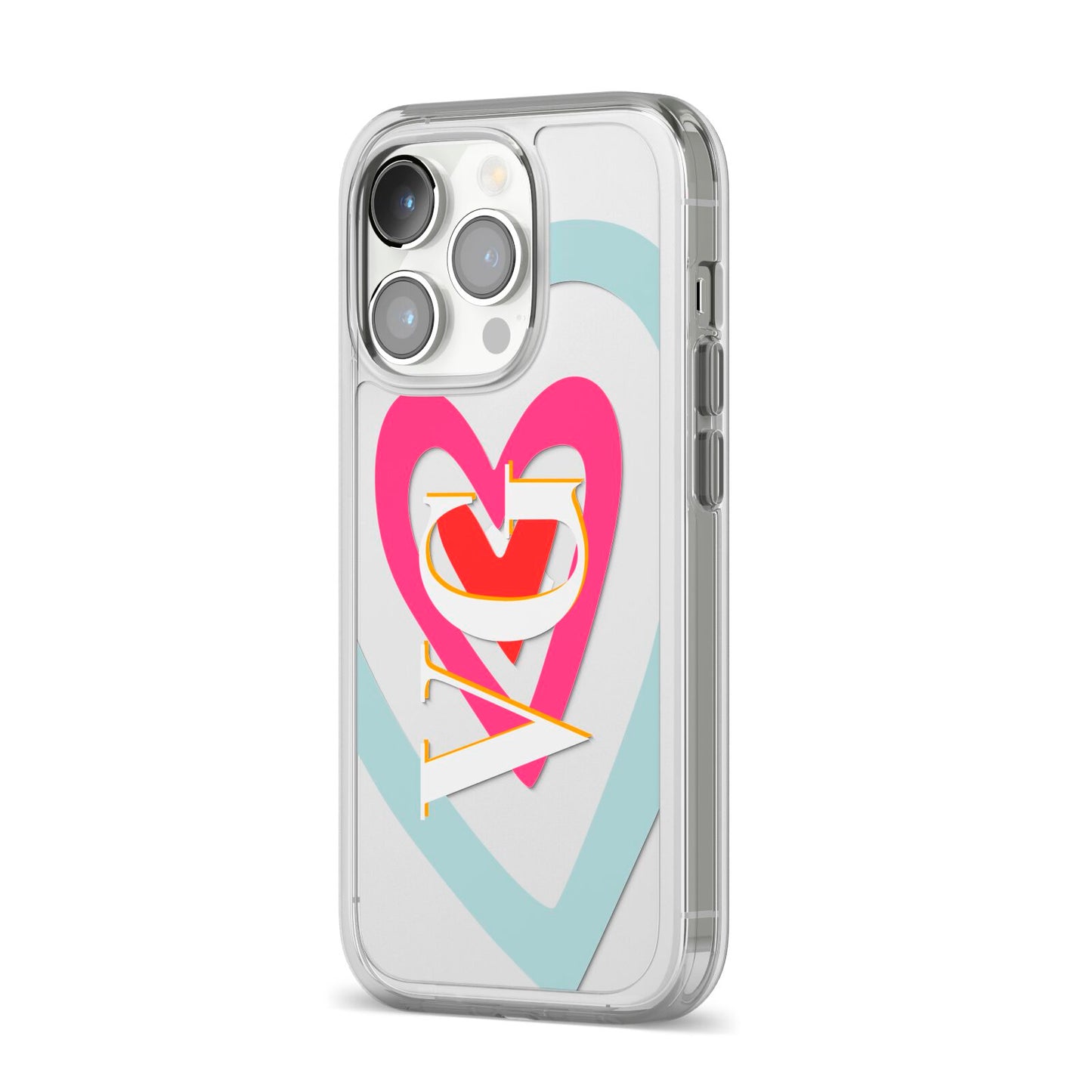 Personalised Initials Heart iPhone 14 Pro Clear Tough Case Silver Angled Image