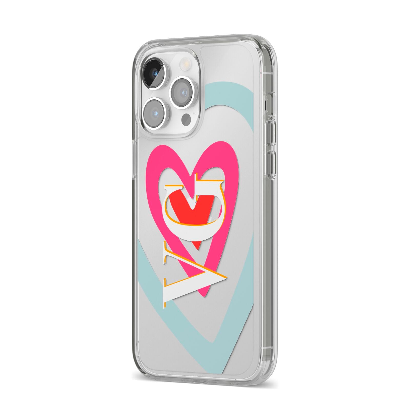 Personalised Initials Heart iPhone 14 Pro Max Clear Tough Case Silver Angled Image