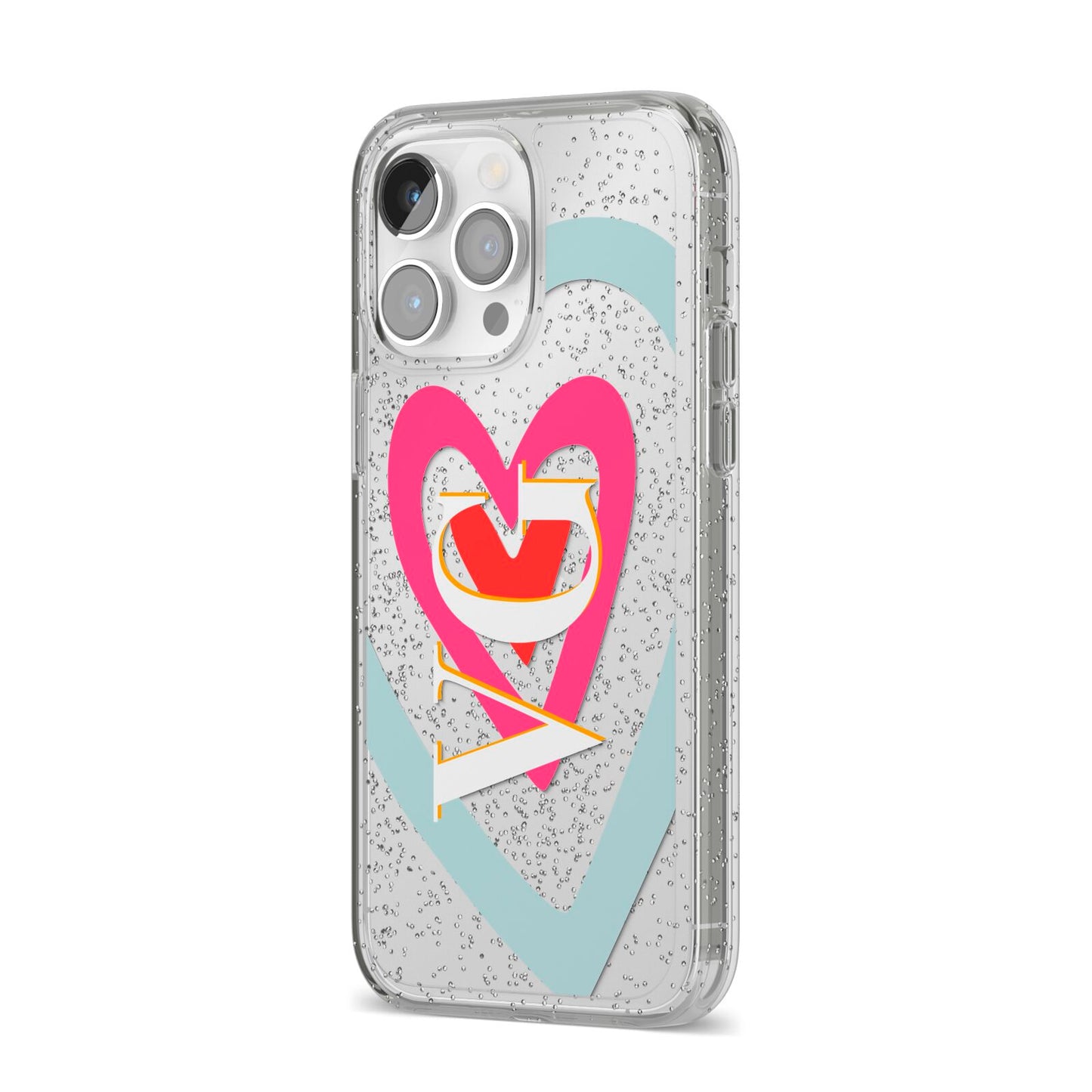 Personalised Initials Heart iPhone 14 Pro Max Glitter Tough Case Silver Angled Image