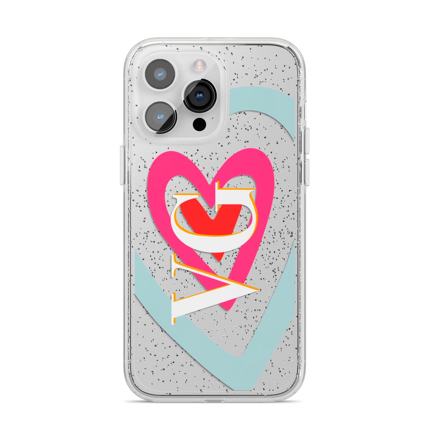 Personalised Initials Heart iPhone 14 Pro Max Glitter Tough Case Silver