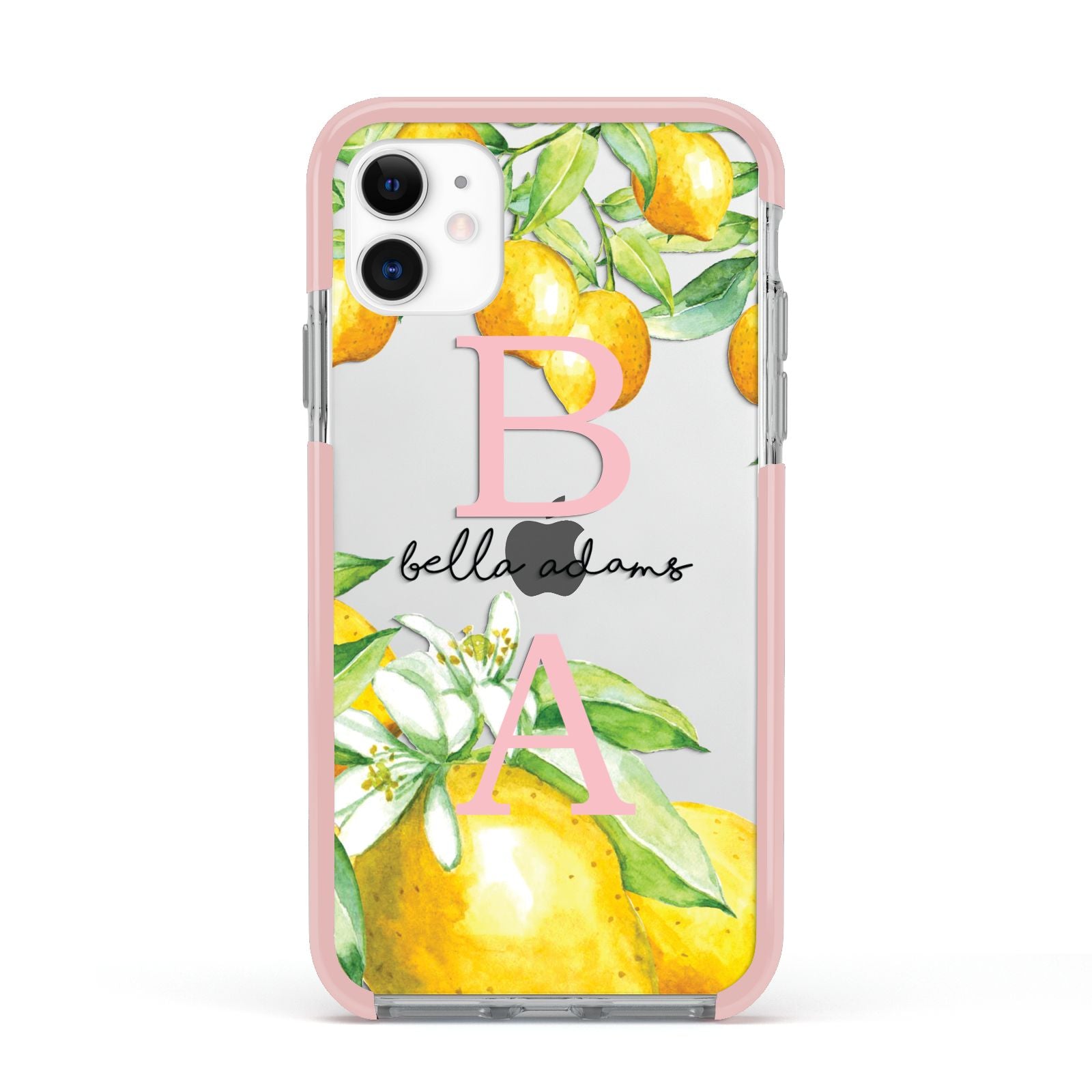 Personalised Initials Lemons Apple iPhone 11 in White with Pink Impact Case