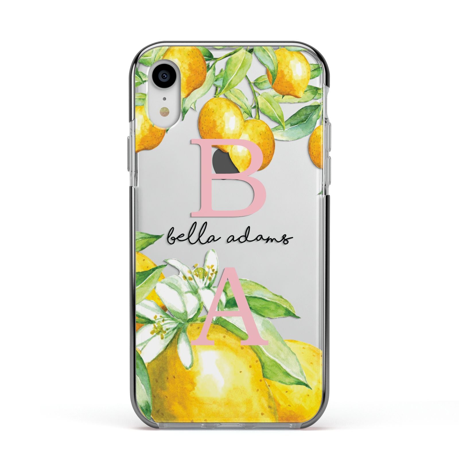 Personalised Initials Lemons Apple iPhone XR Impact Case Black Edge on Silver Phone