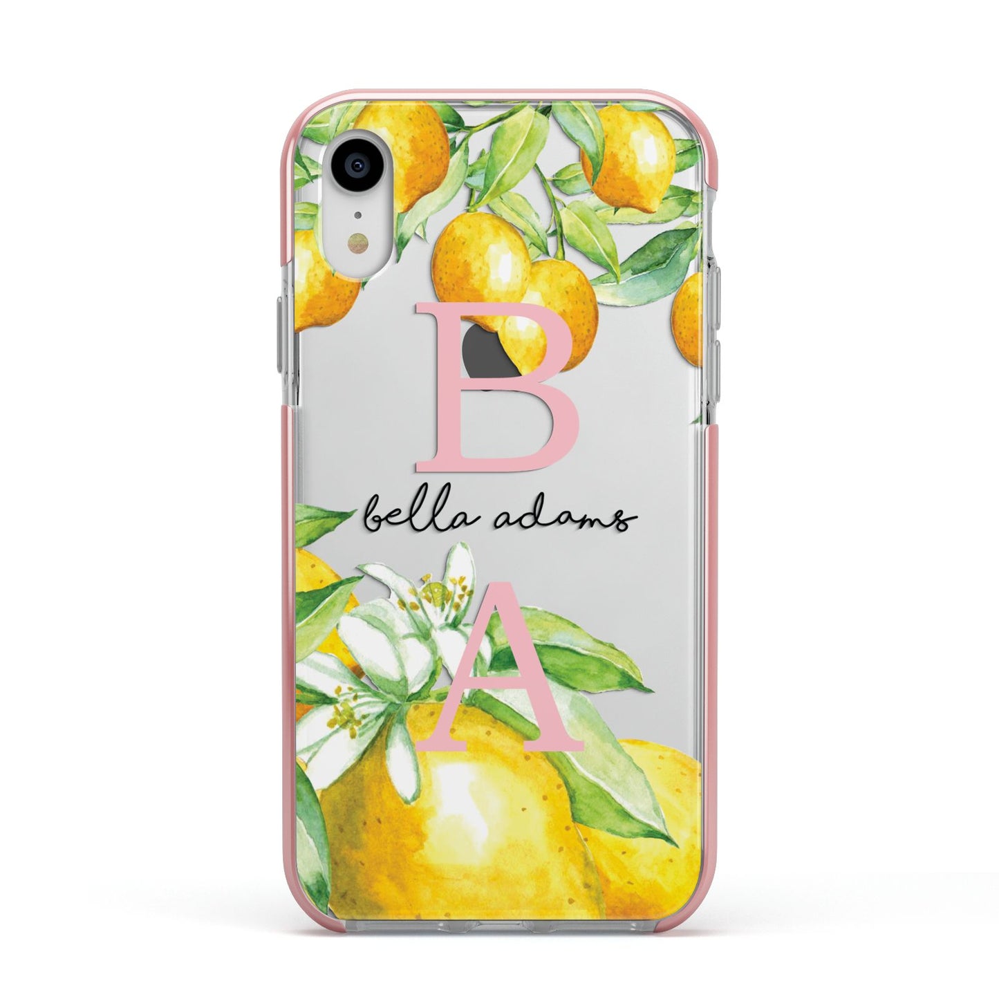 Personalised Initials Lemons Apple iPhone XR Impact Case Pink Edge on Silver Phone