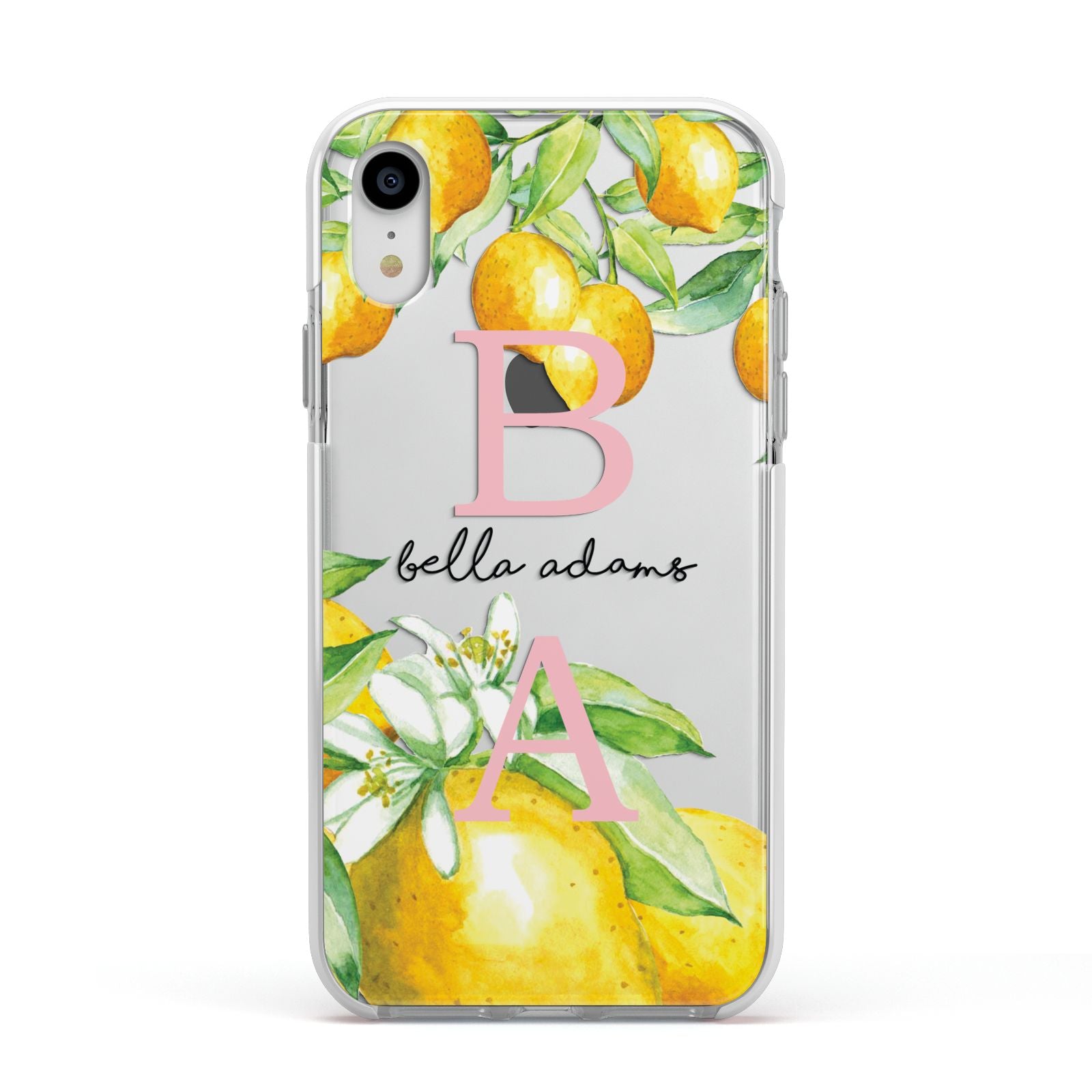 Personalised Initials Lemons Apple iPhone XR Impact Case White Edge on Silver Phone