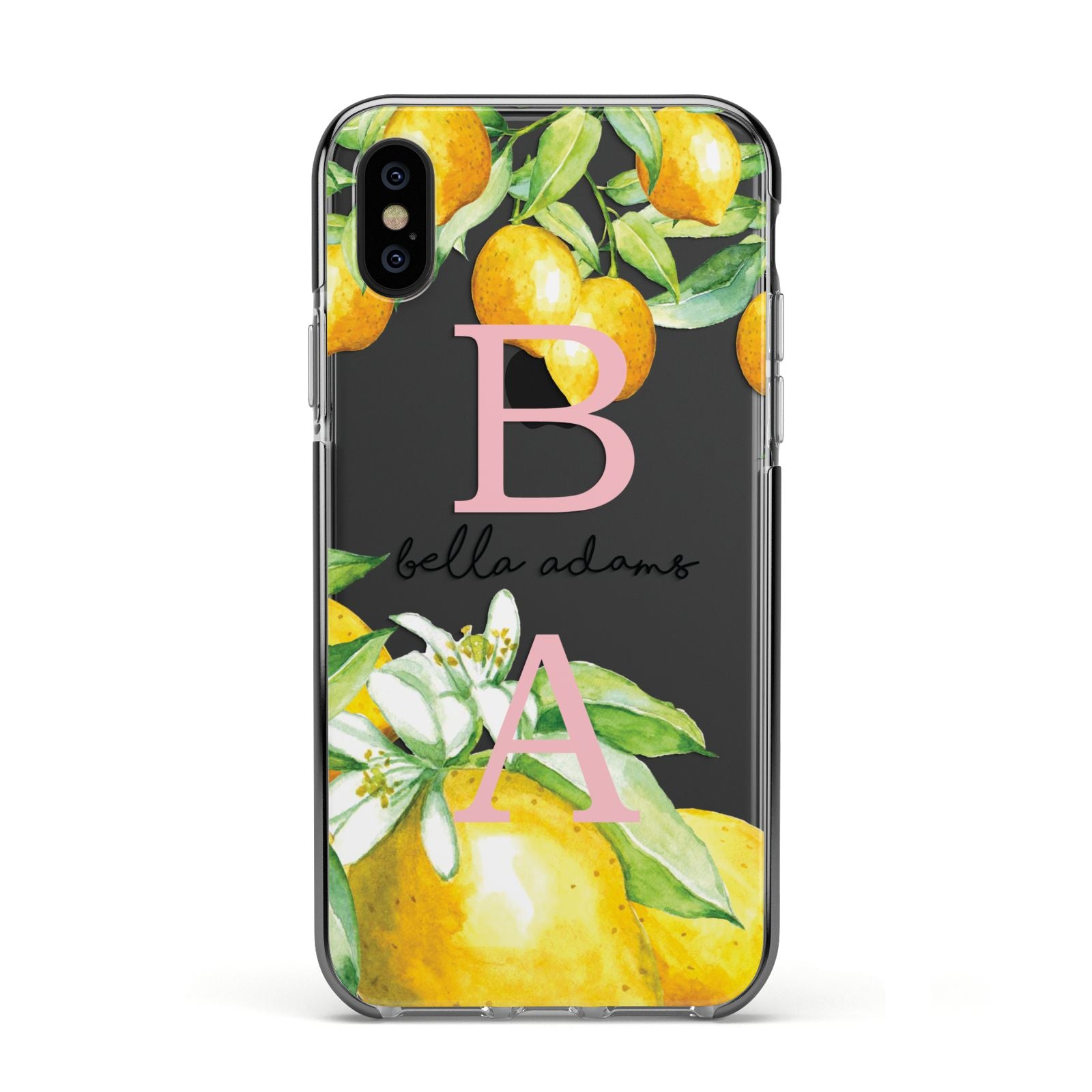 Personalised Initials Lemons Apple iPhone Xs Impact Case Black Edge on Black Phone