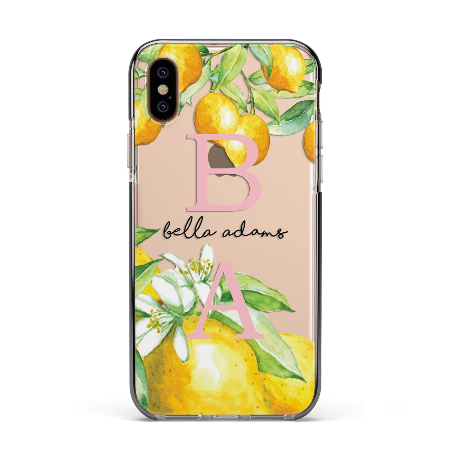 Personalised Initials Lemons Apple iPhone Xs Impact Case Black Edge on Gold Phone