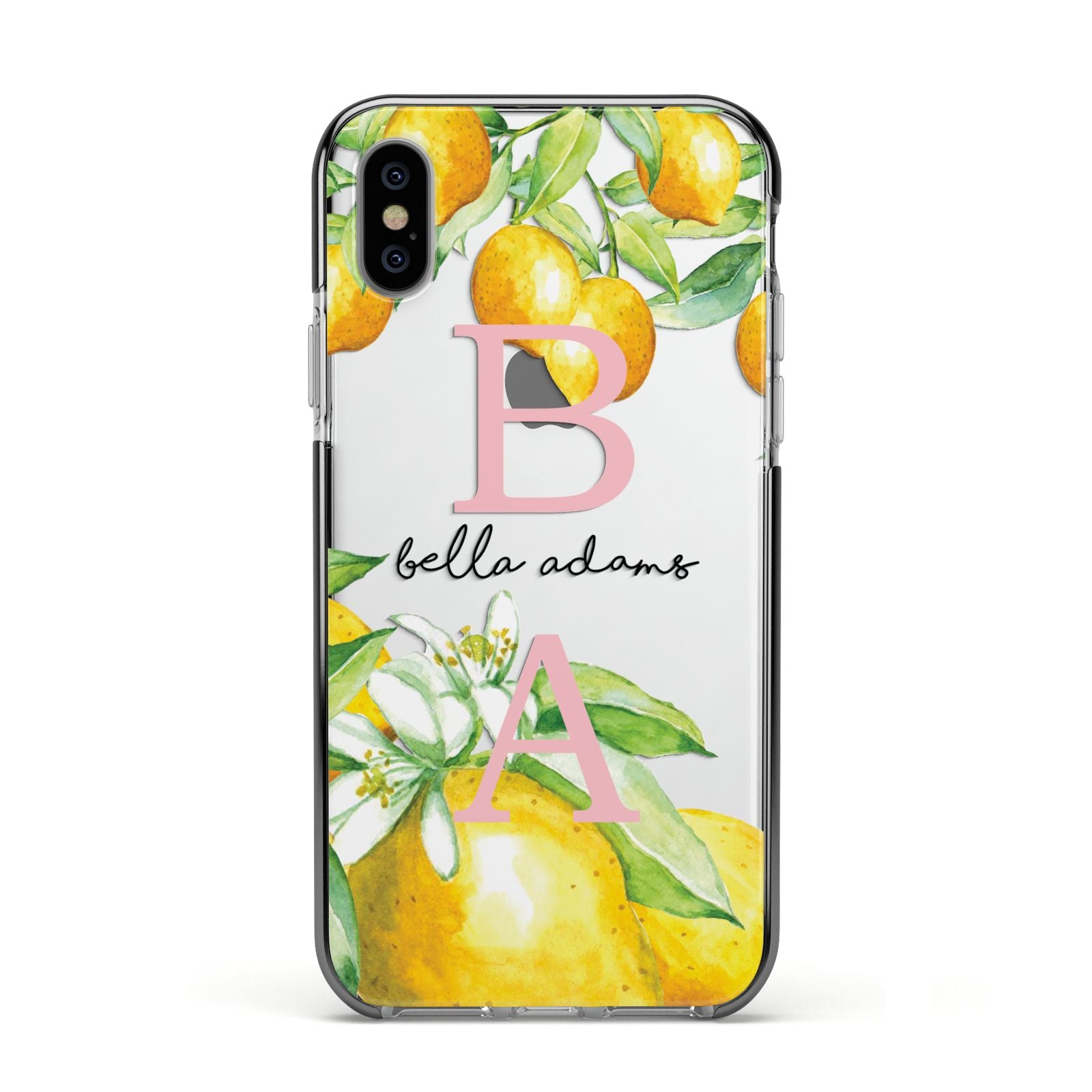 Personalised Initials Lemons Apple iPhone Xs Impact Case Black Edge on Silver Phone