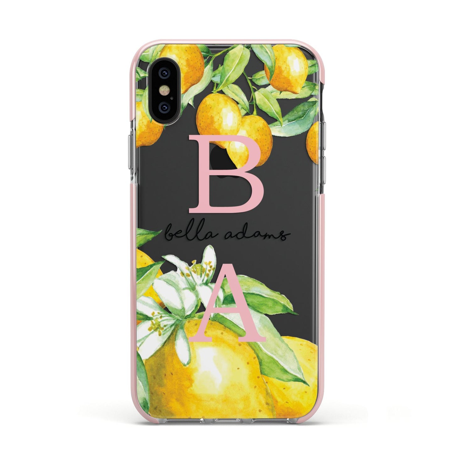 Personalised Initials Lemons Apple iPhone Xs Impact Case Pink Edge on Black Phone