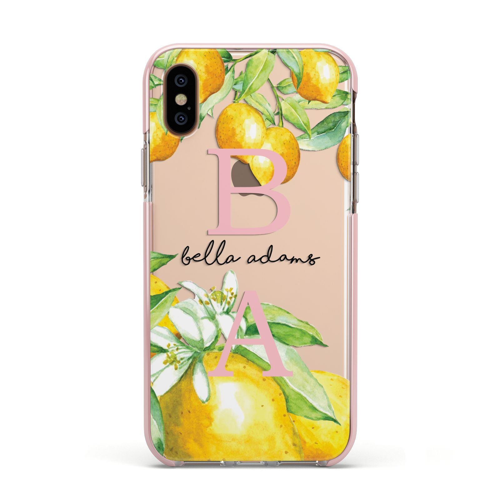 Personalised Initials Lemons Apple iPhone Xs Impact Case Pink Edge on Gold Phone