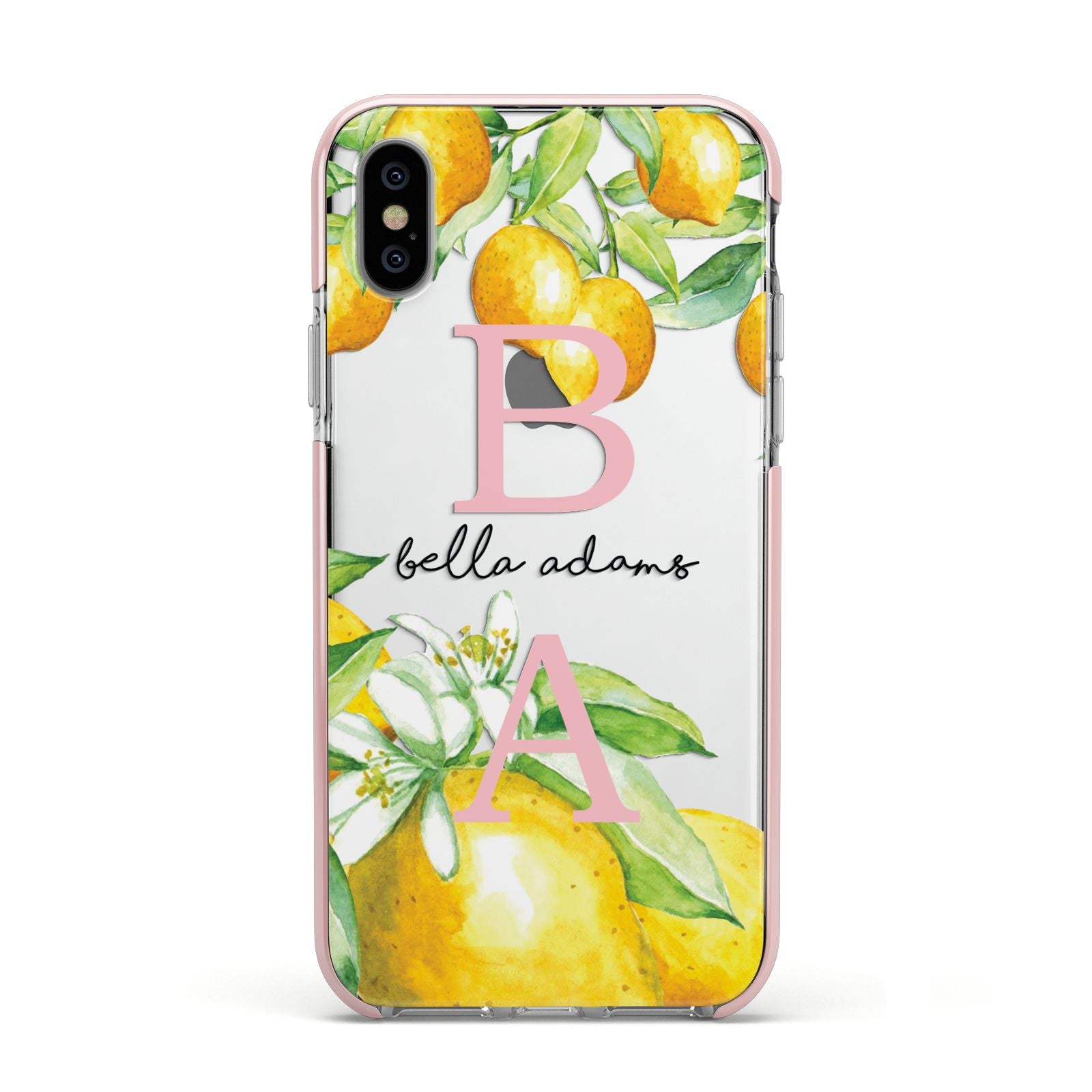 Personalised Initials Lemons Apple iPhone Xs Impact Case Pink Edge on Silver Phone