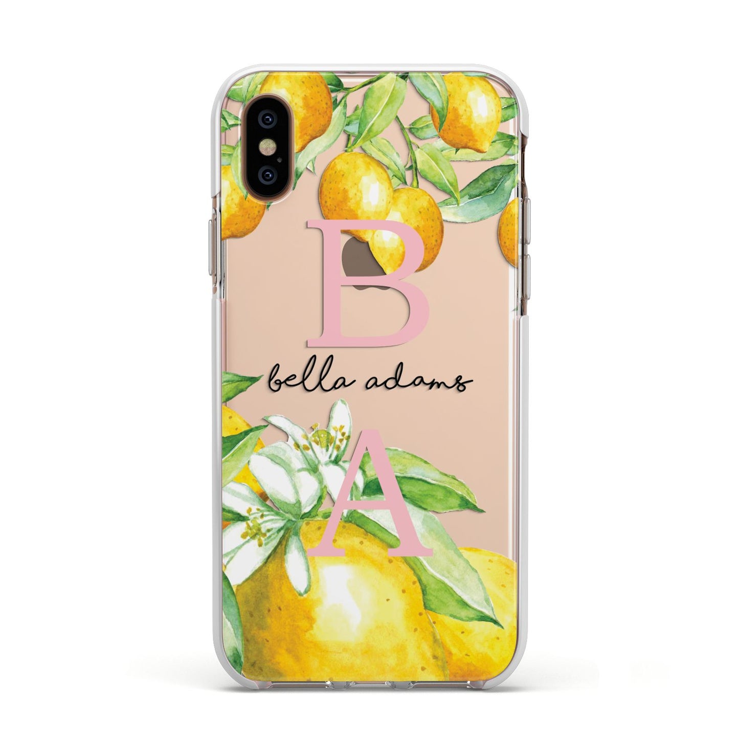 Personalised Initials Lemons Apple iPhone Xs Impact Case White Edge on Gold Phone