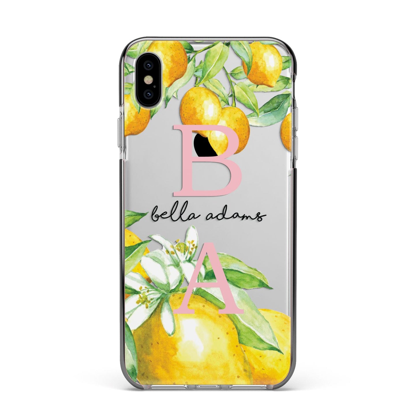 Personalised Initials Lemons Apple iPhone Xs Max Impact Case Black Edge on Silver Phone