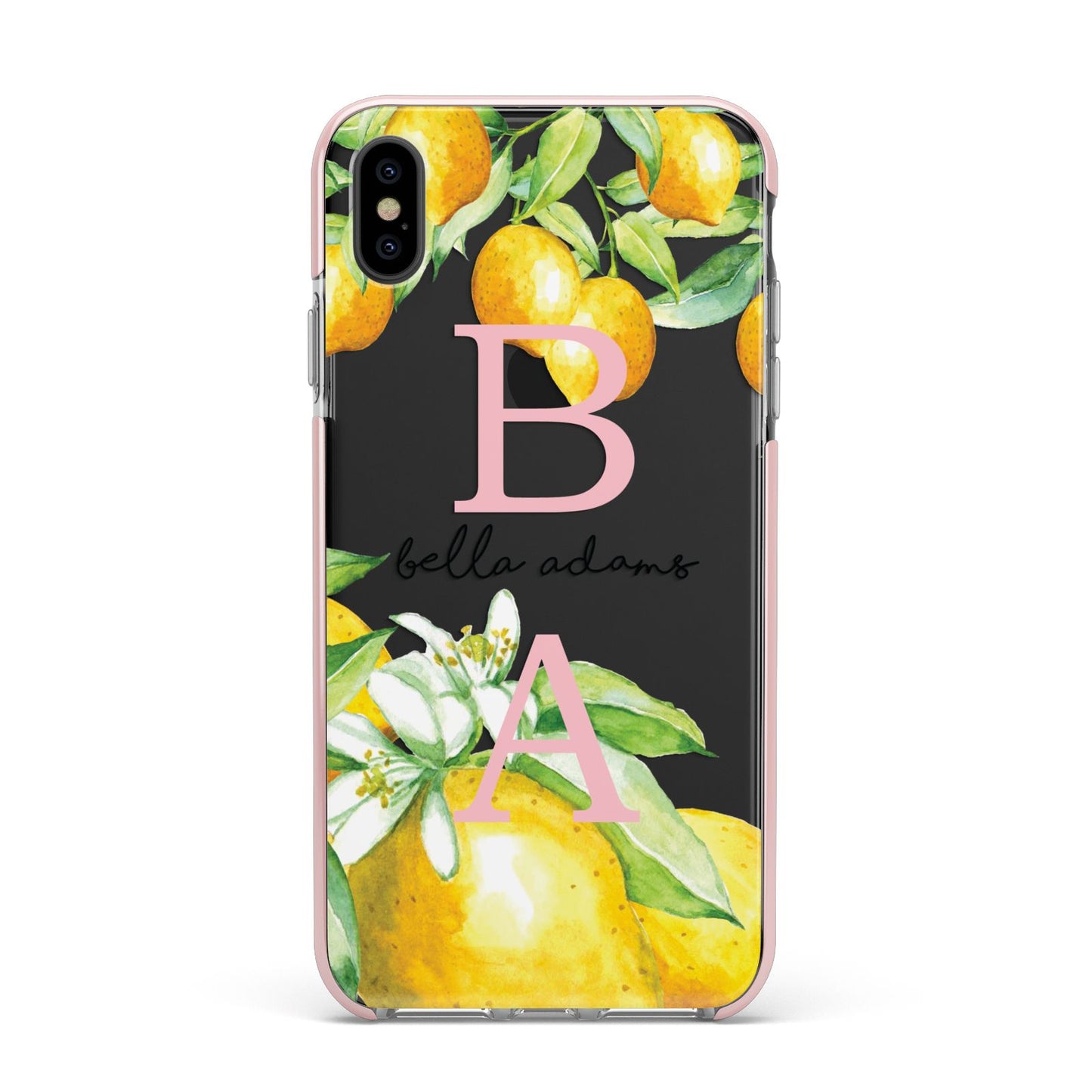 Personalised Initials Lemons Apple iPhone Xs Max Impact Case Pink Edge on Black Phone