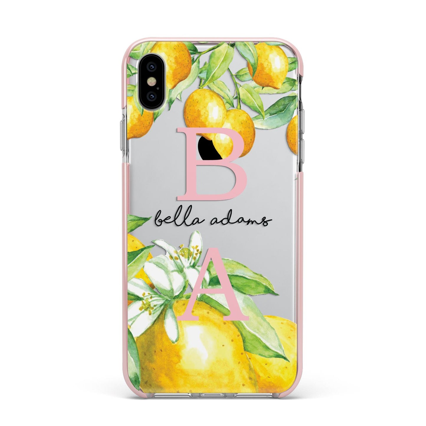 Personalised Initials Lemons Apple iPhone Xs Max Impact Case Pink Edge on Silver Phone