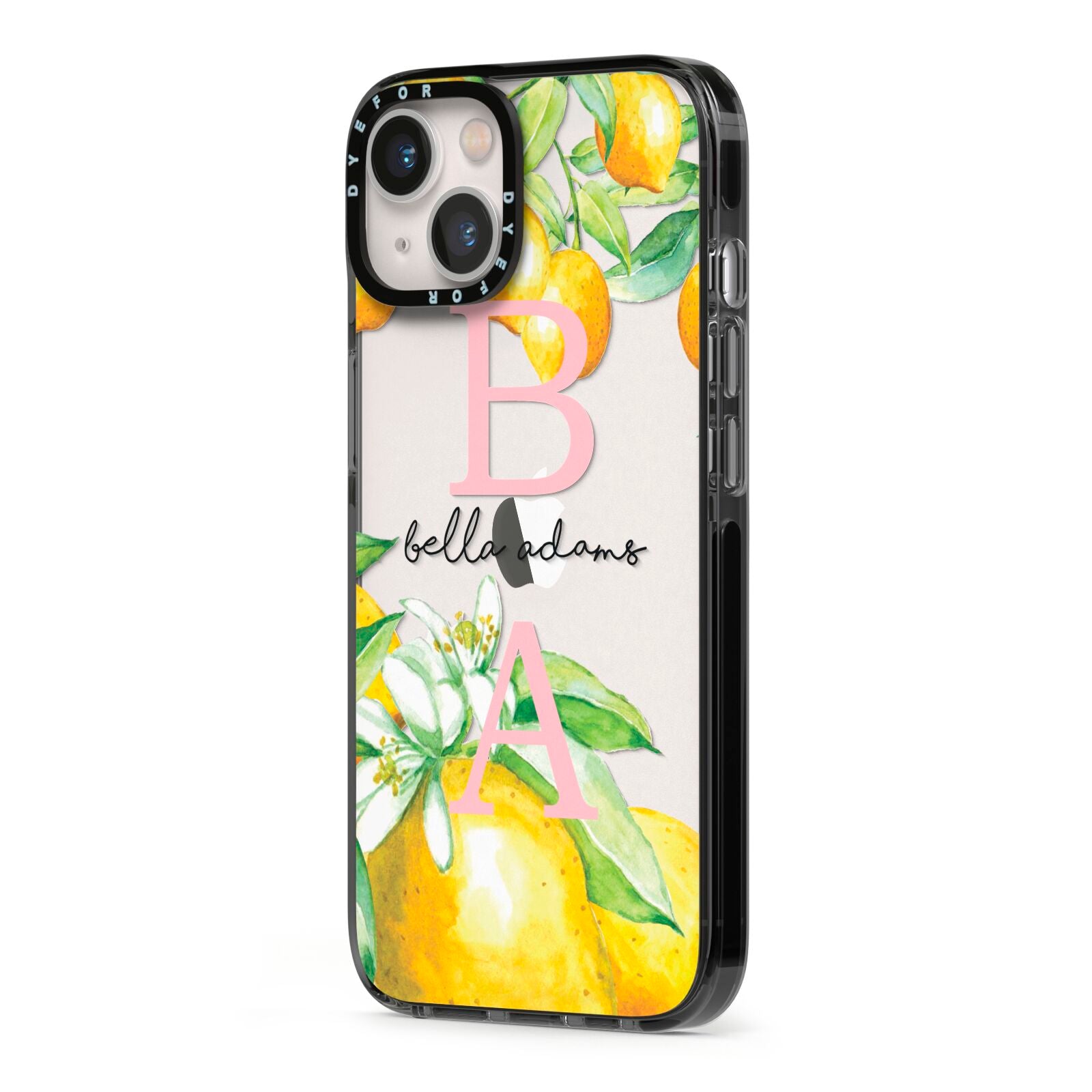 Personalised Initials Lemons iPhone 13 Black Impact Case Side Angle on Silver phone