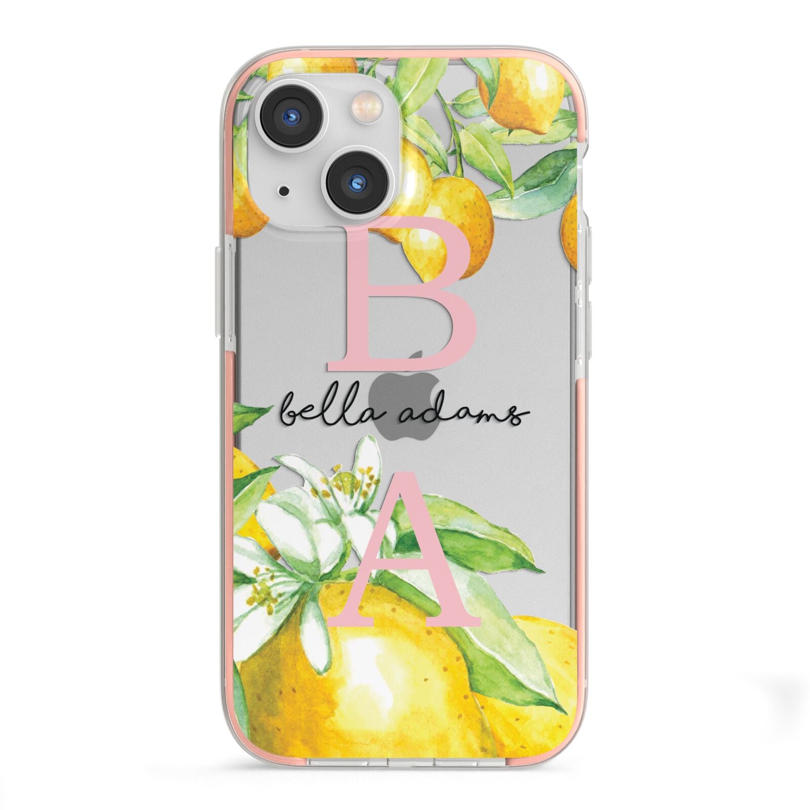 Personalised Initials Lemons iPhone 13 Mini TPU Impact Case with Pink Edges