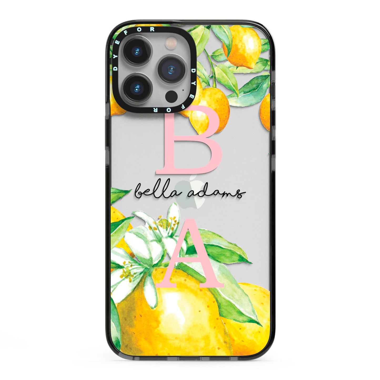 Personalised Initials Lemons iPhone 13 Pro Max Black Impact Case on Silver phone