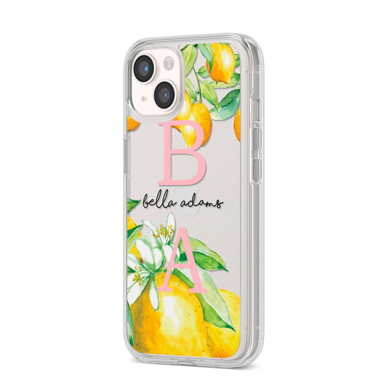 Personalised Initials Lemons iPhone 14 Clear Tough Case Starlight Angled Image