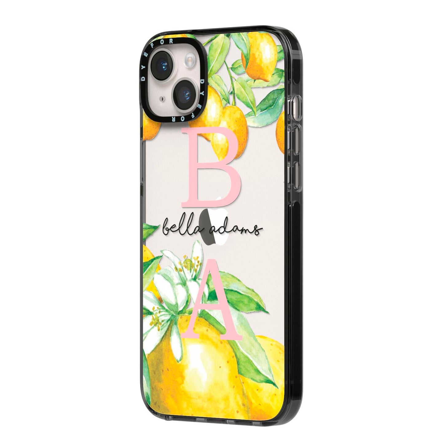 Personalised Initials Lemons iPhone 14 Plus Black Impact Case Side Angle on Silver phone