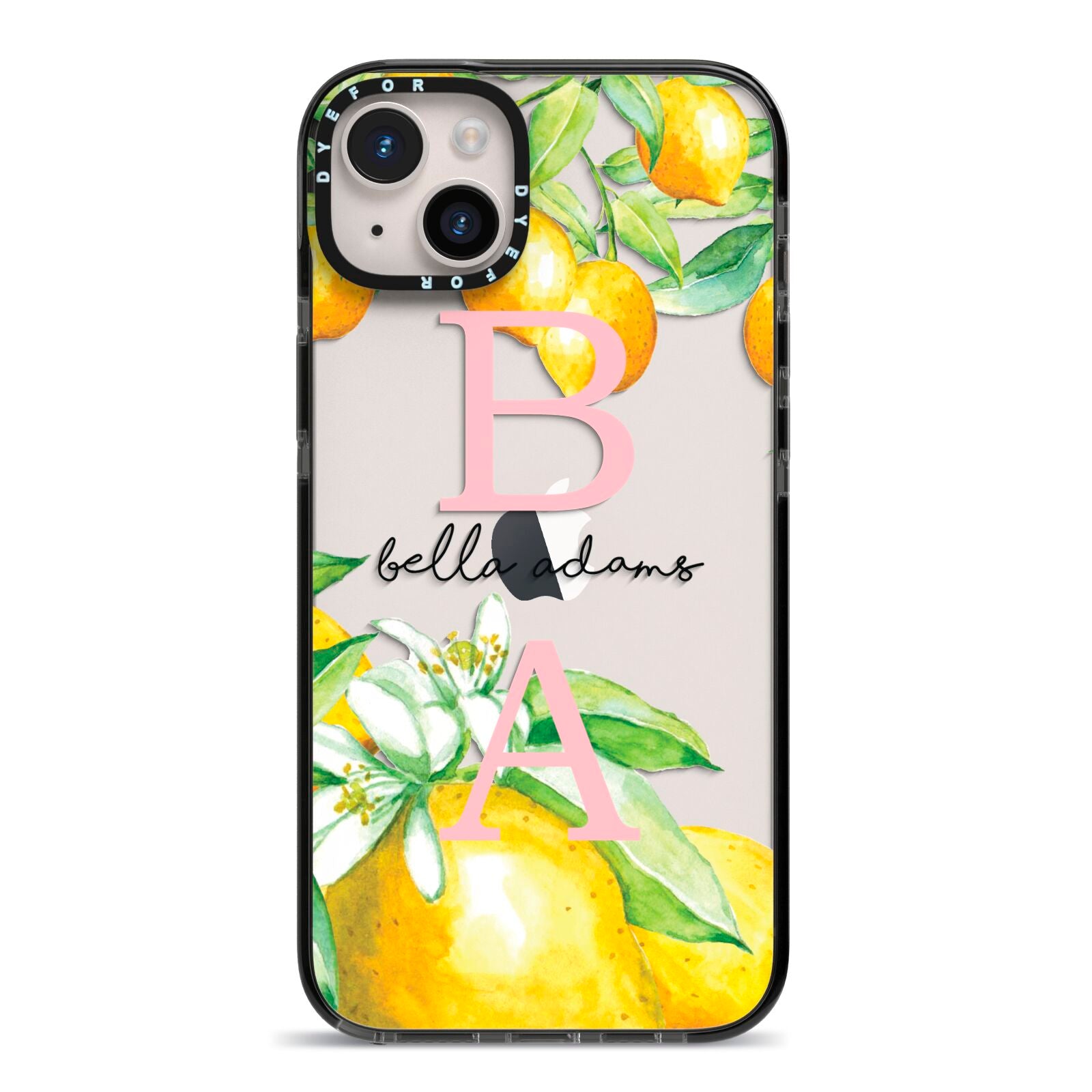 Personalised Initials Lemons iPhone 14 Plus Black Impact Case on Silver phone