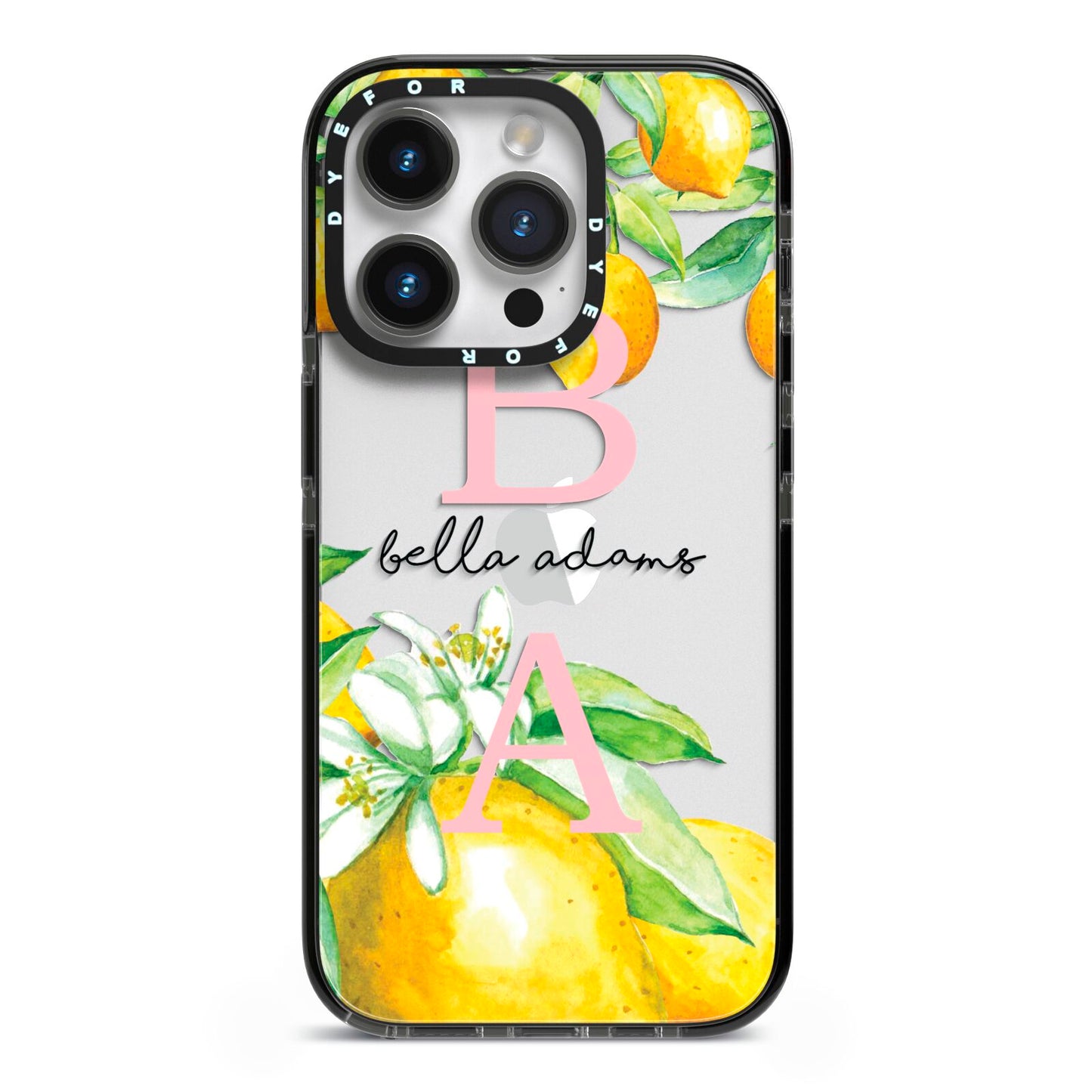 Personalised Initials Lemons iPhone 14 Pro Black Impact Case on Silver phone