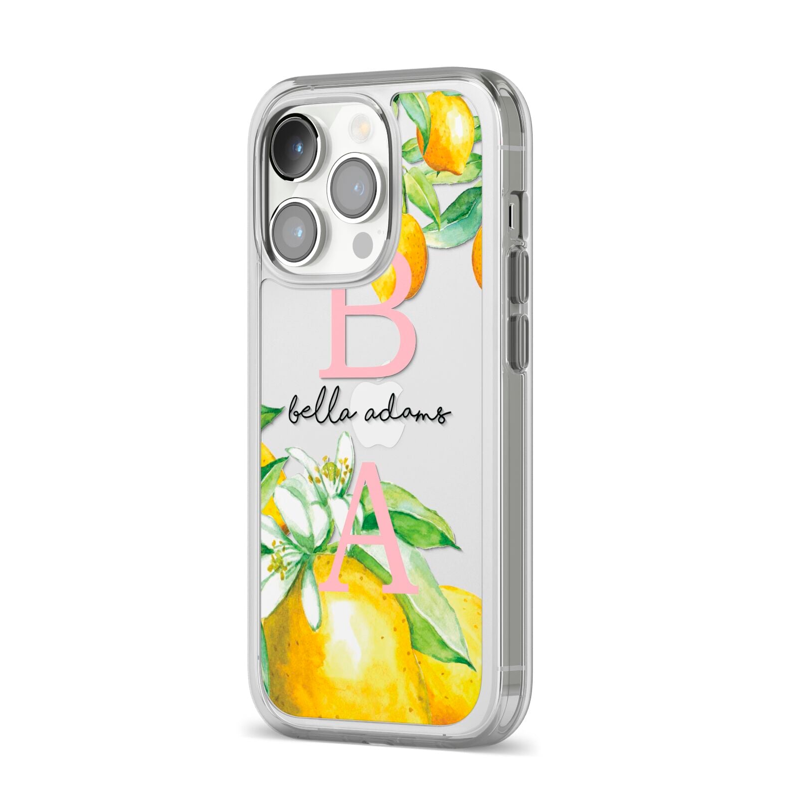 Personalised Initials Lemons iPhone 14 Pro Clear Tough Case Silver Angled Image