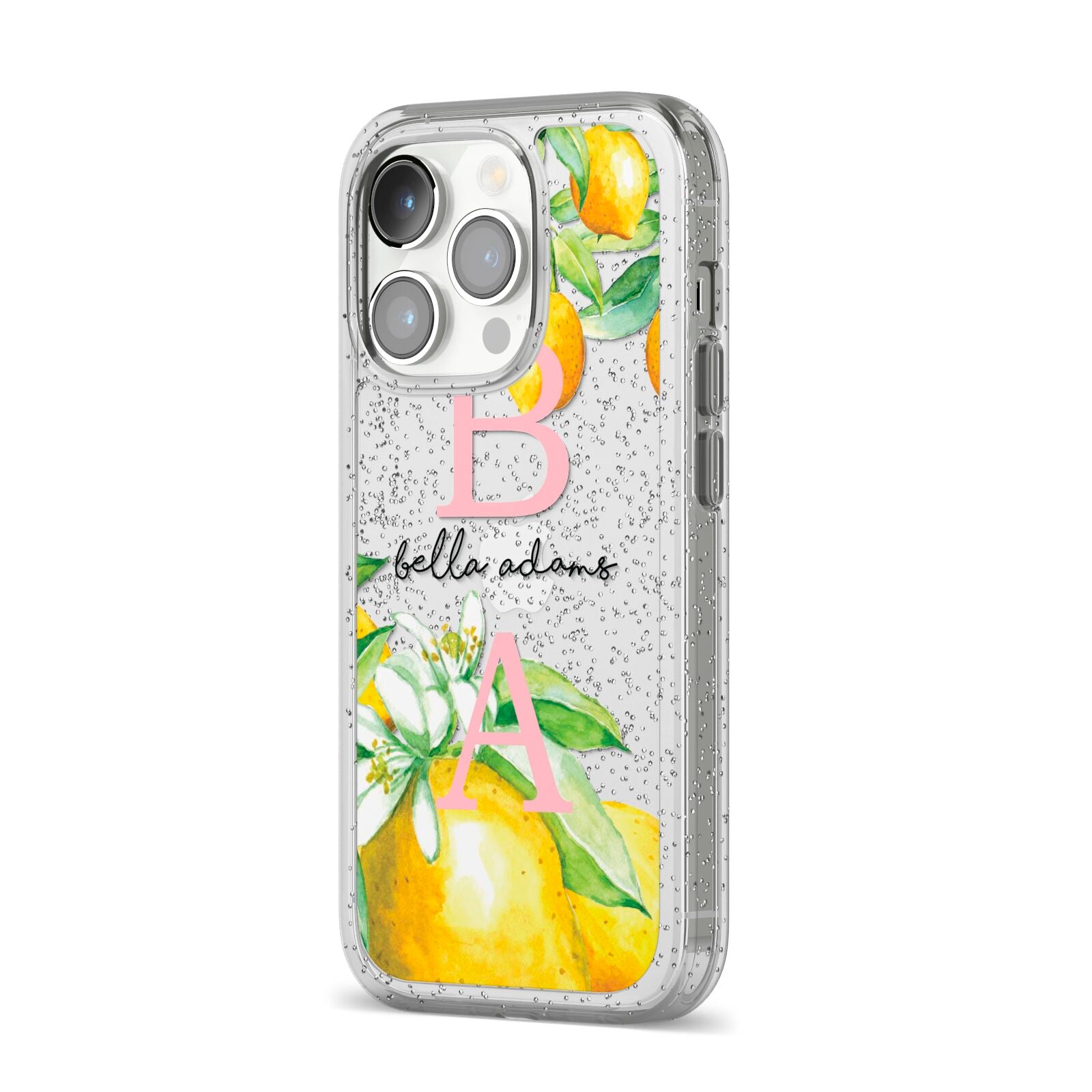 Personalised Initials Lemons iPhone 14 Pro Glitter Tough Case Silver Angled Image