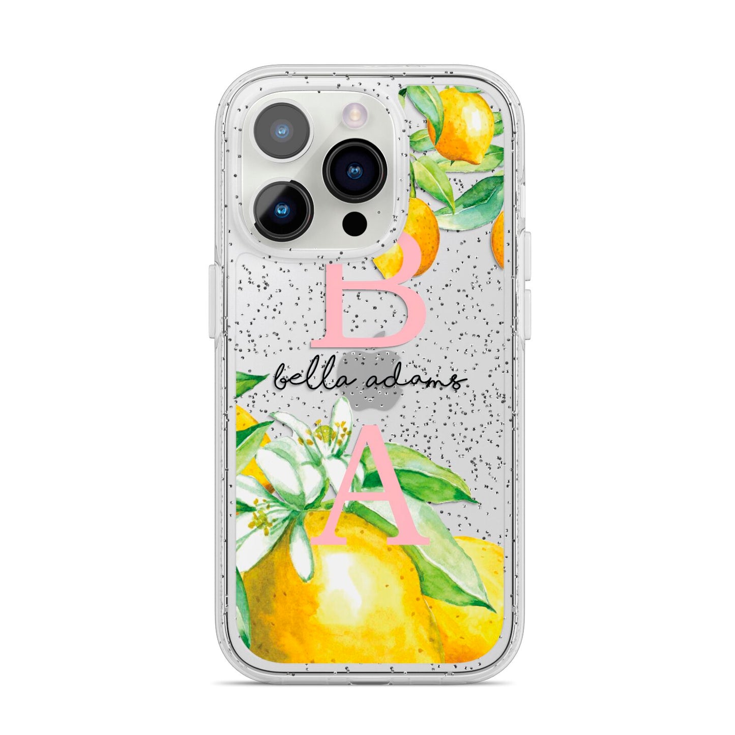 Personalised Initials Lemons iPhone 14 Pro Glitter Tough Case Silver