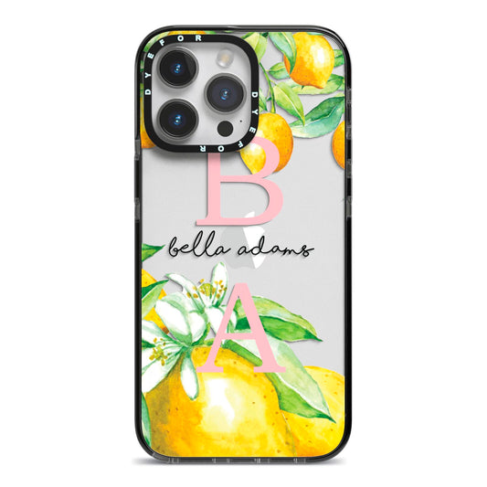 Personalised Initials Lemons iPhone 14 Pro Max Black Impact Case on Silver phone