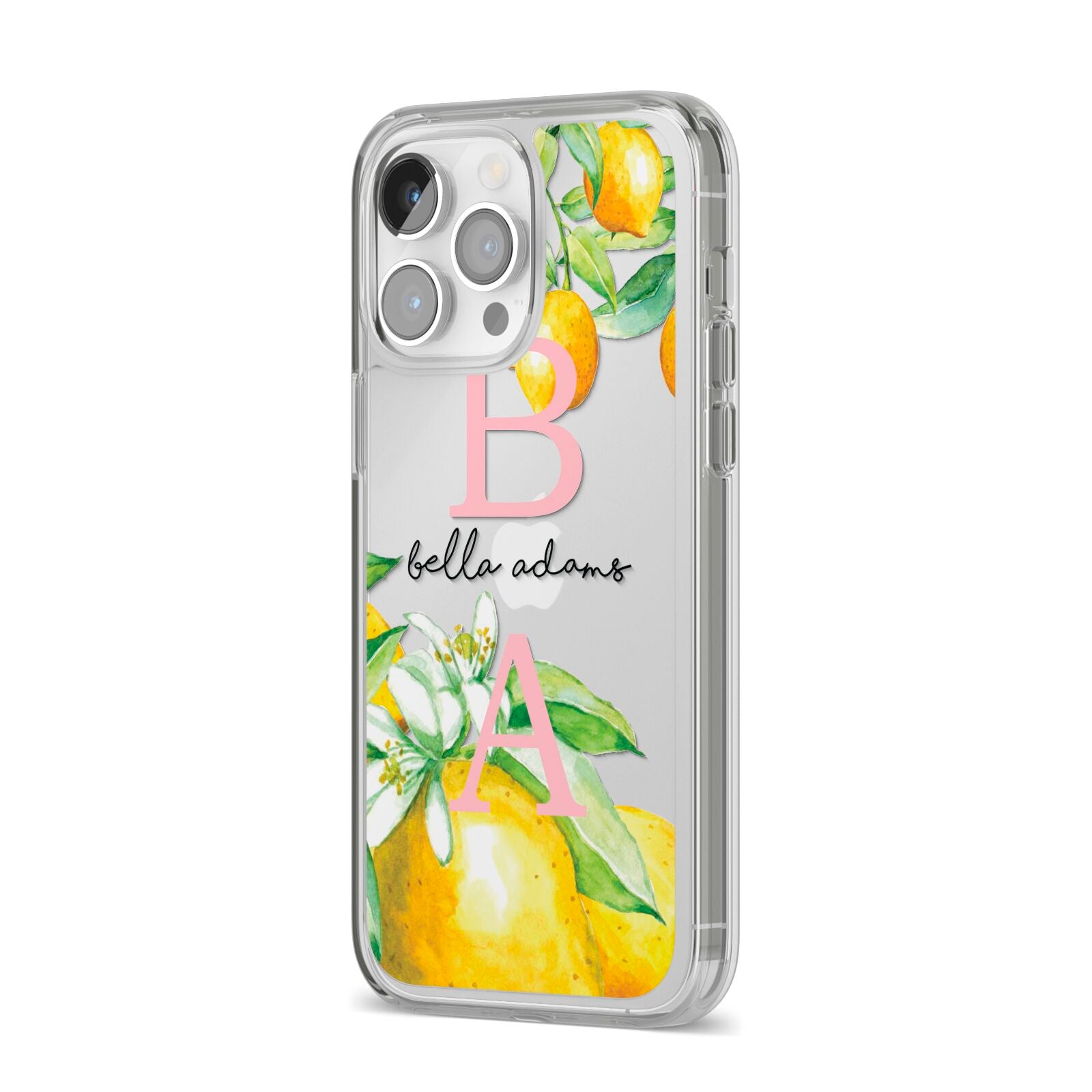 Personalised Initials Lemons iPhone 14 Pro Max Clear Tough Case Silver Angled Image